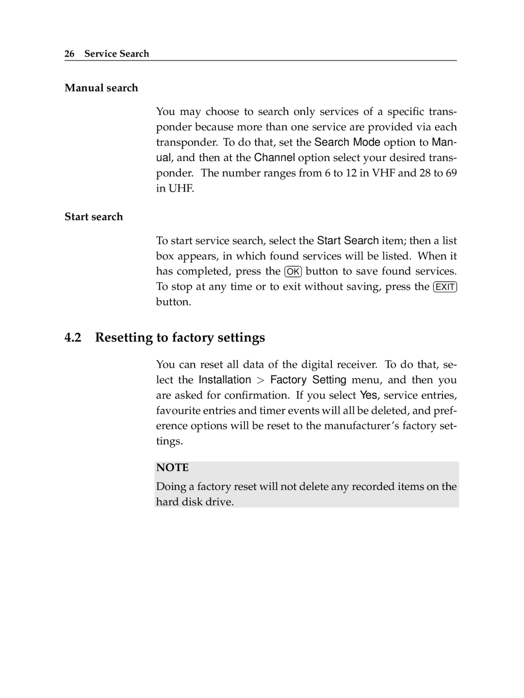 Topfield TF 7000 HD PVRt manual Resetting to factory settings, Manual search 