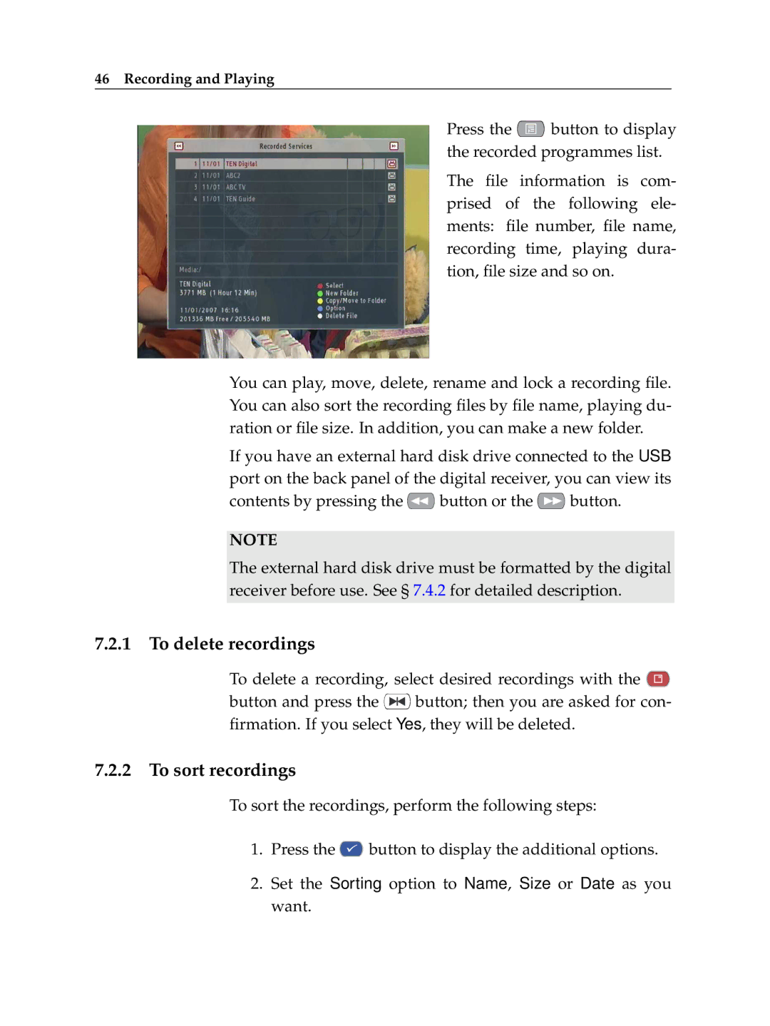 Topfield TF 7000 HD PVRt manual To delete recordings, To sort recordings 