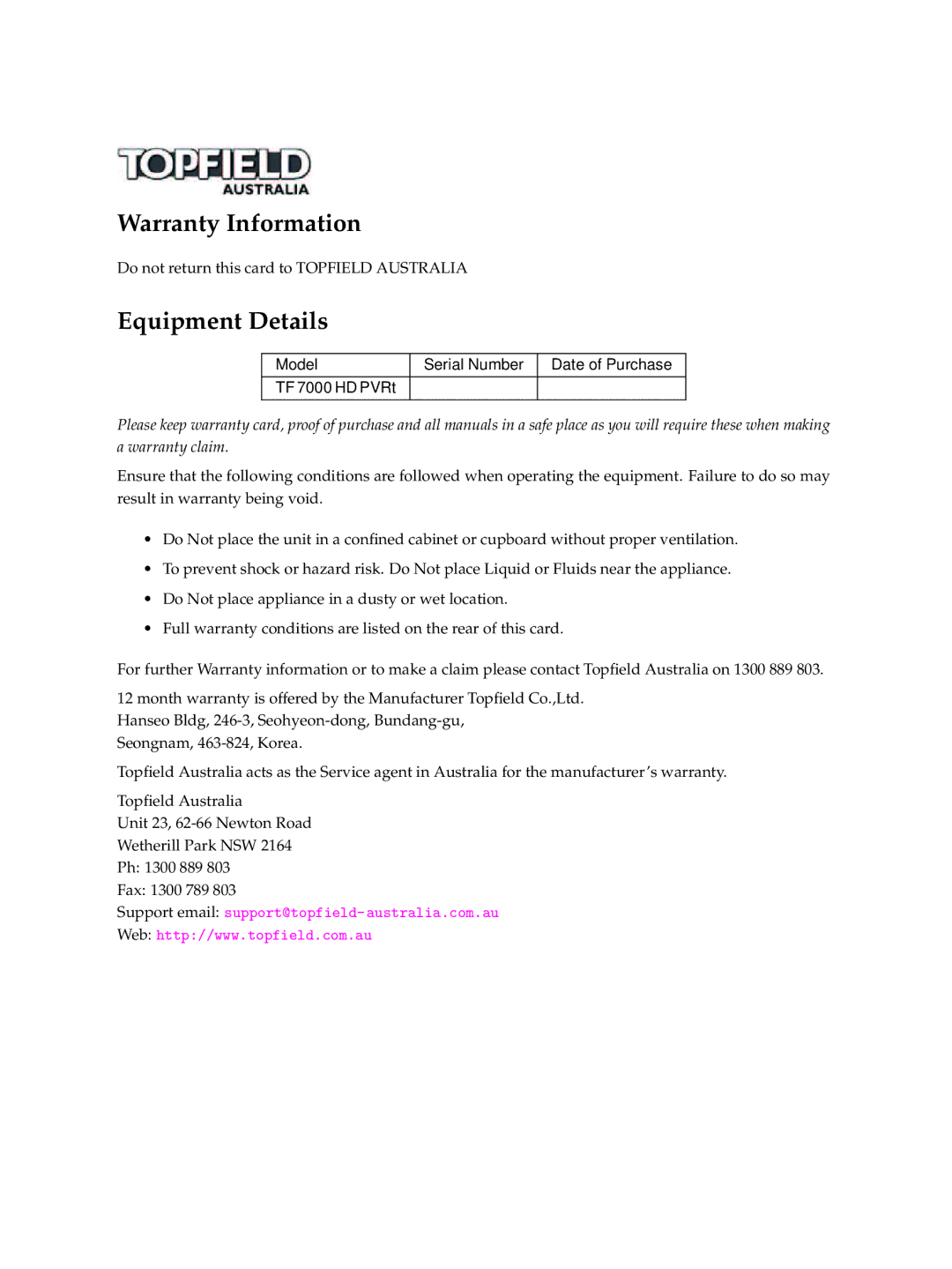 Topfield TF 7000 HD PVRt manual Warranty Information, Equipment Details 