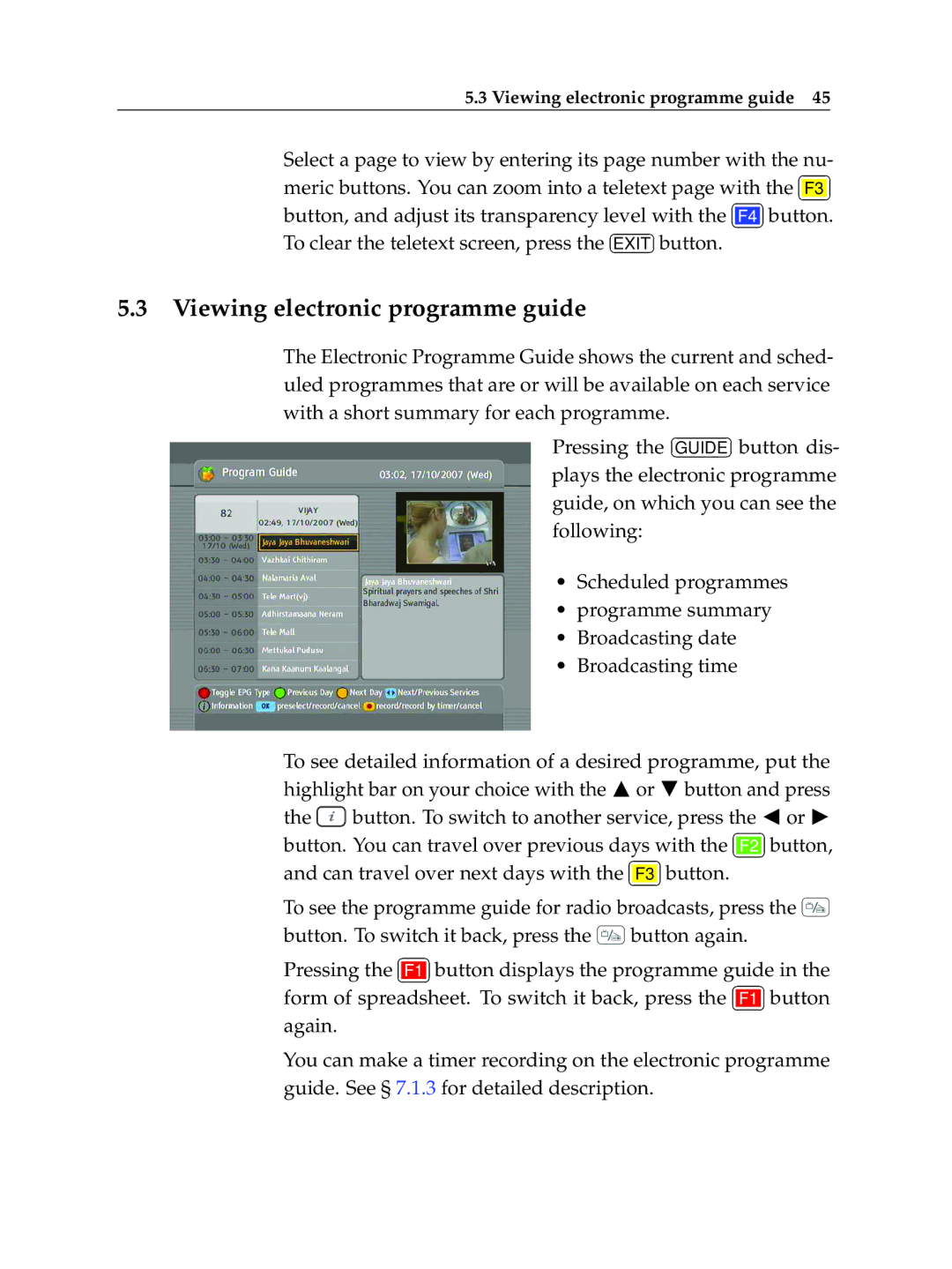 Topfield TF 7710 HD PVR, TF 7700 HD PVR manual Viewing electronic programme guide 