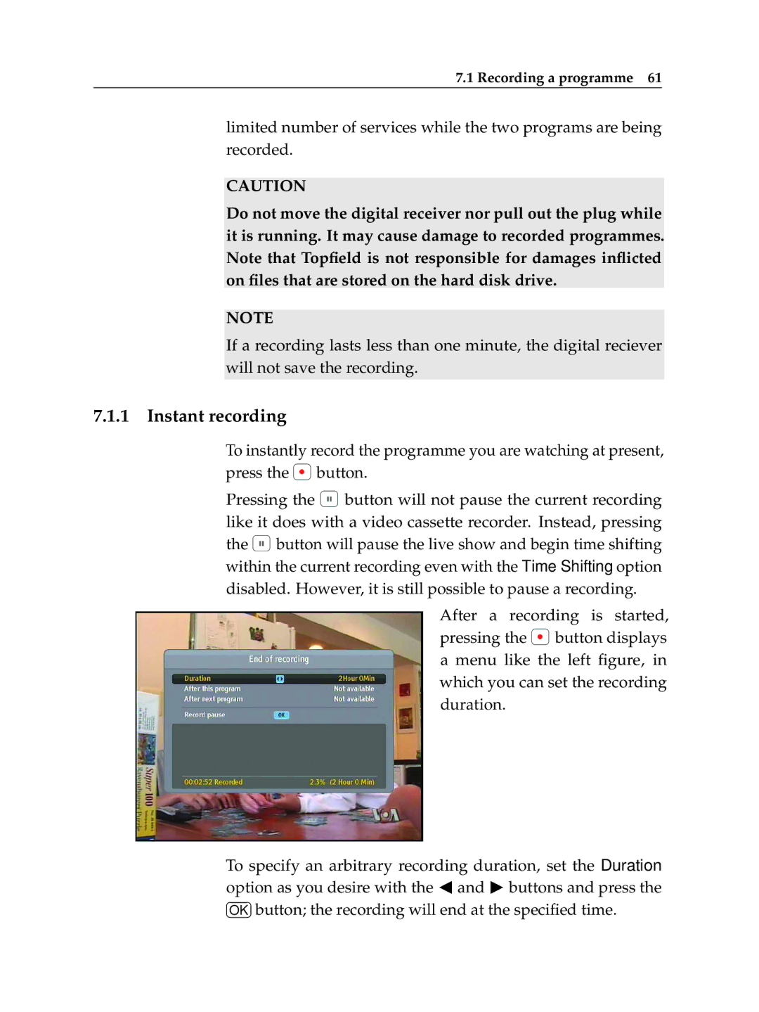 Topfield TF 7710 HD PVR, TF 7700 HD PVR manual Instant recording 