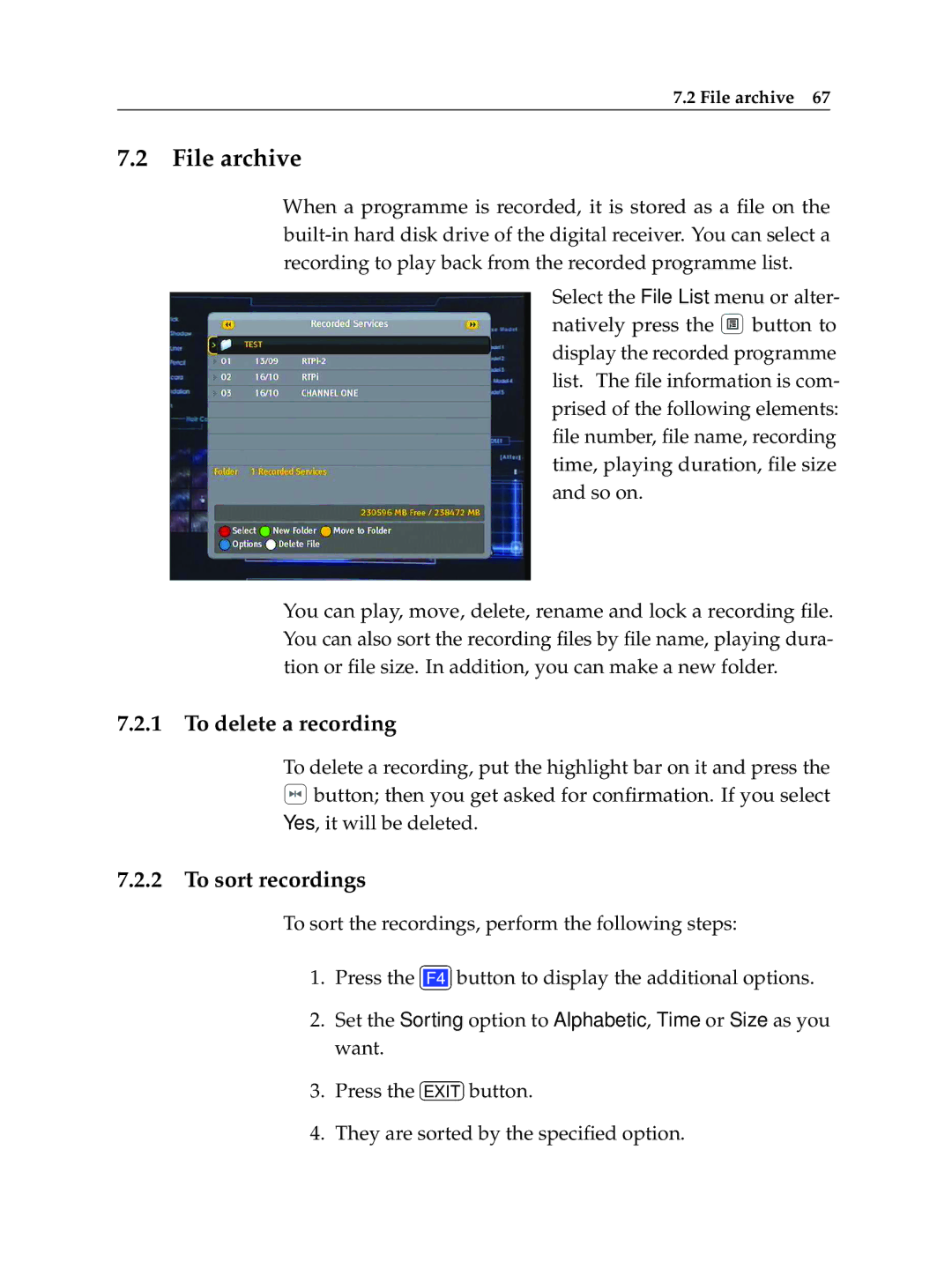 Topfield TF 7710 HD PVR, TF 7700 HD PVR manual File archive, To delete a recording, To sort recordings 