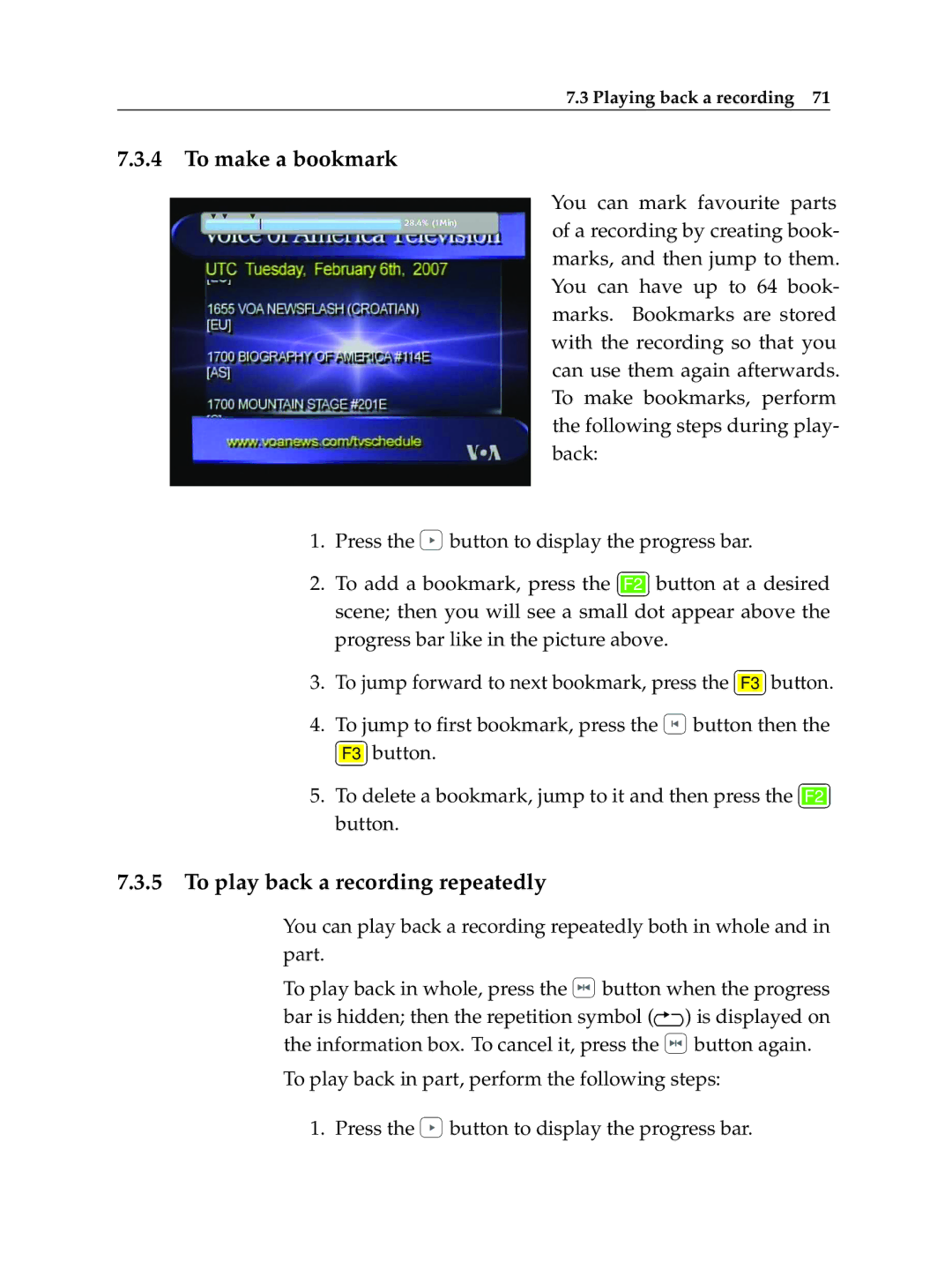 Topfield TF 7710 HD PVR, TF 7700 HD PVR manual To make a bookmark, To play back a recording repeatedly 