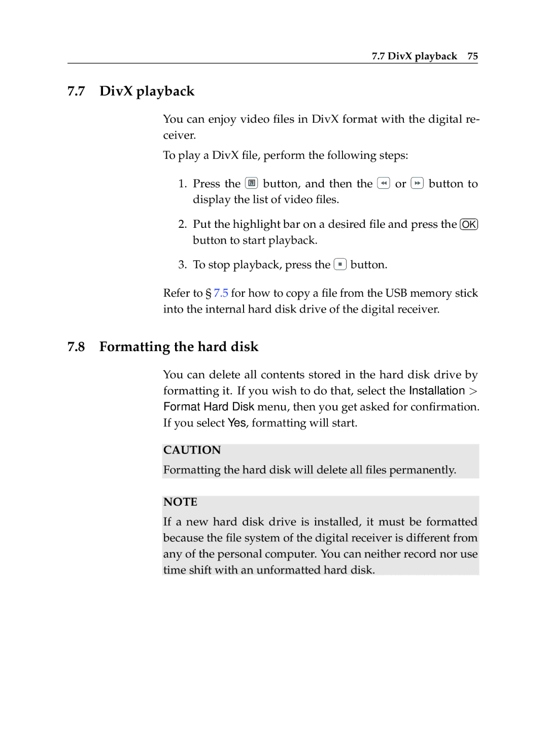 Topfield TF 7710 HD PVR, TF 7700 HD PVR manual DivX playback, Formatting the hard disk 