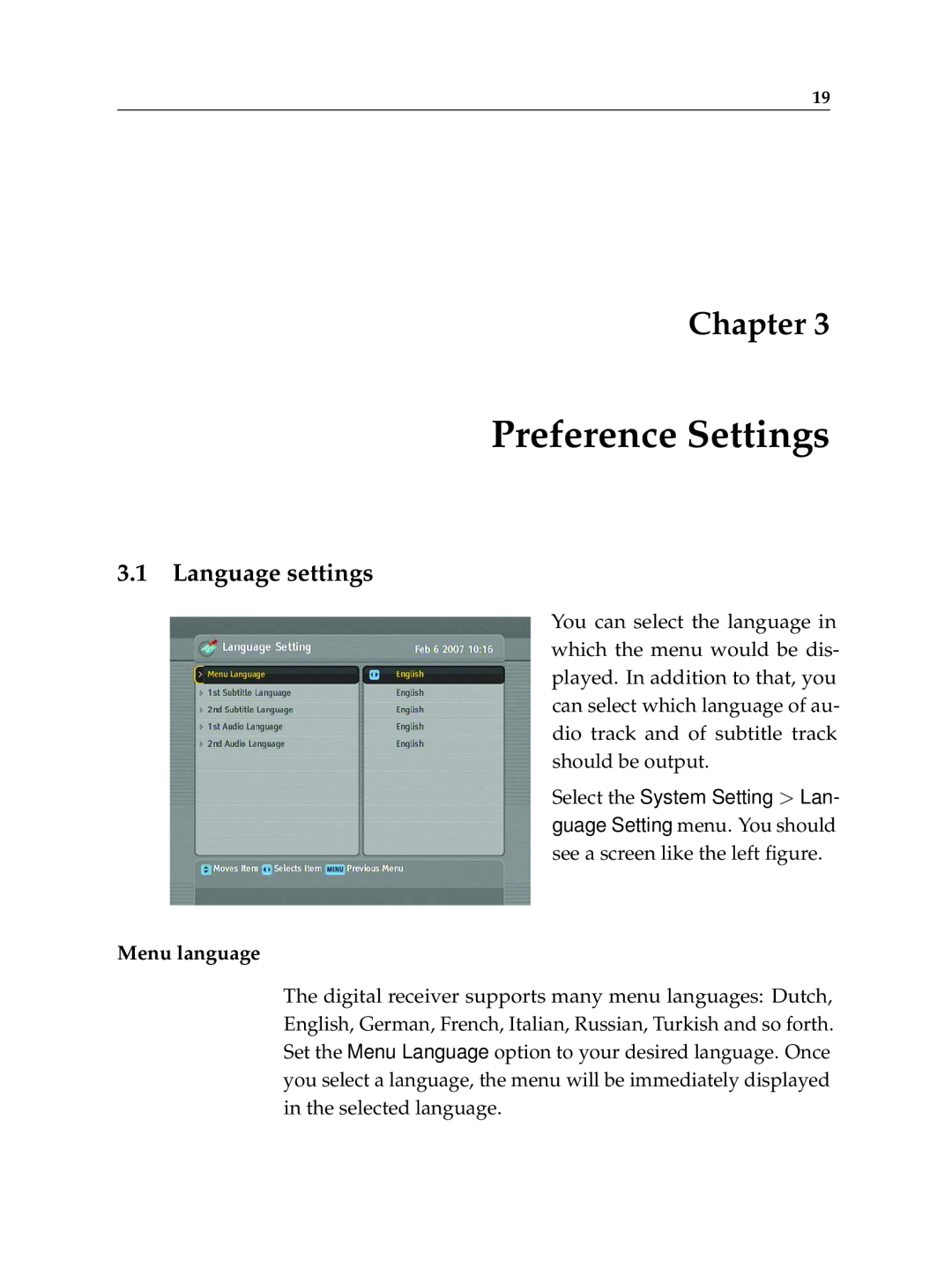 Topfield TF 7710 HD PVR, TF 7700 HD PVR manual Preference Settings, Language settings, Menu language, Chapter 