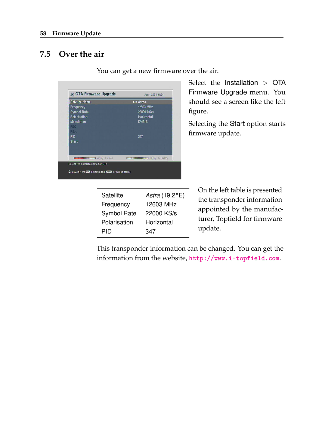 Topfield TF 7700 HSCI manual Over the air, You can get a new ﬁrmware over the air 