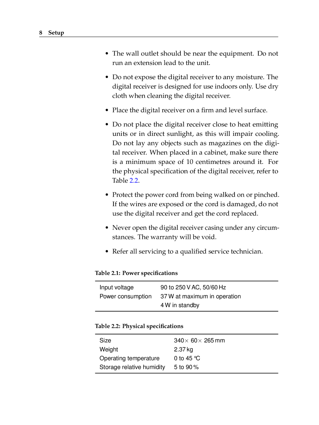 Topfield TF 7720 HSCI, TF 7710 HSCI manual Setup, Power speciﬁcations, Physical speciﬁcations 