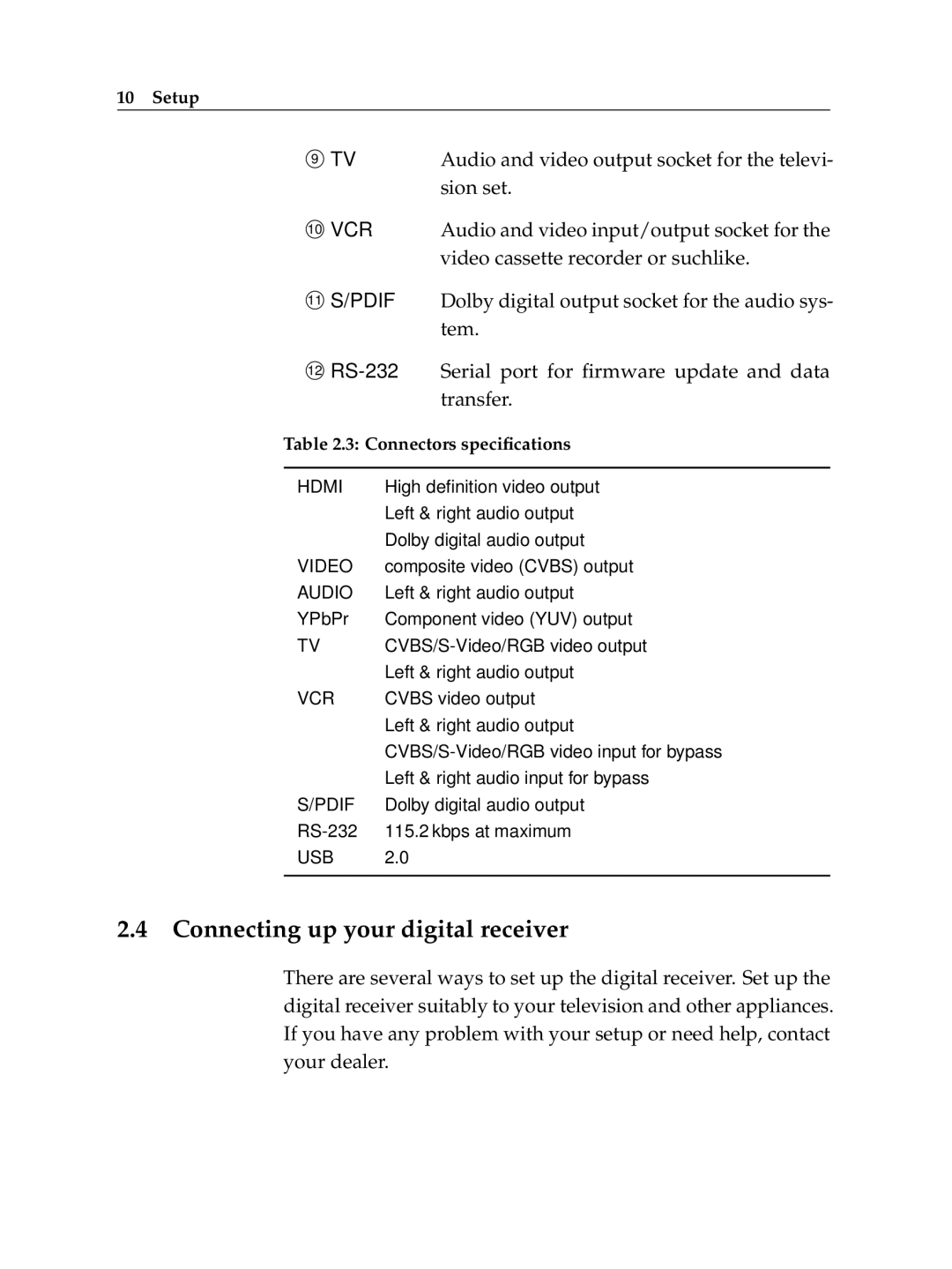 Topfield TF 7720 HSCI, TF 7710 HSCI manual Connecting up your digital receiver, Connectors speciﬁcations 