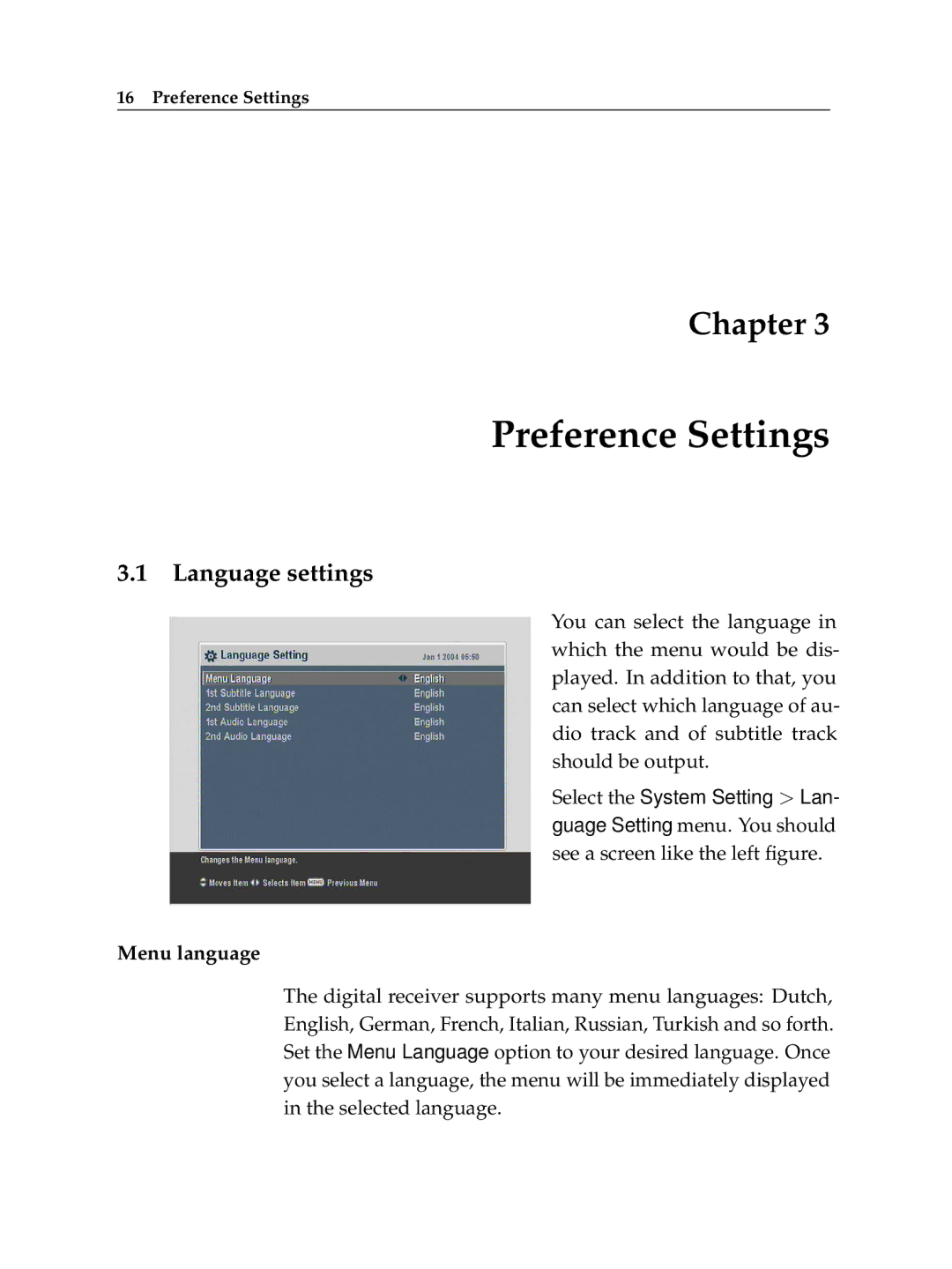 Topfield TF 7720 HSCI, TF 7710 HSCI manual Preference Settings, Language settings 