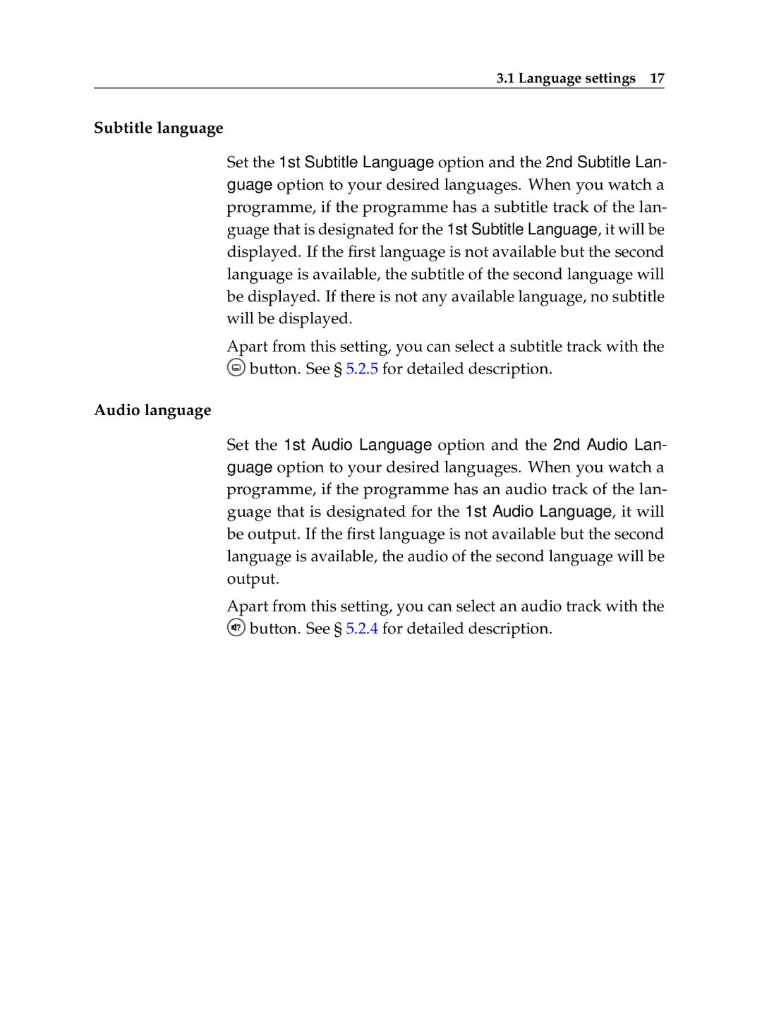 Topfield TF 7710 HSCI, TF 7720 HSCI manual Subtitle language, Language settings 