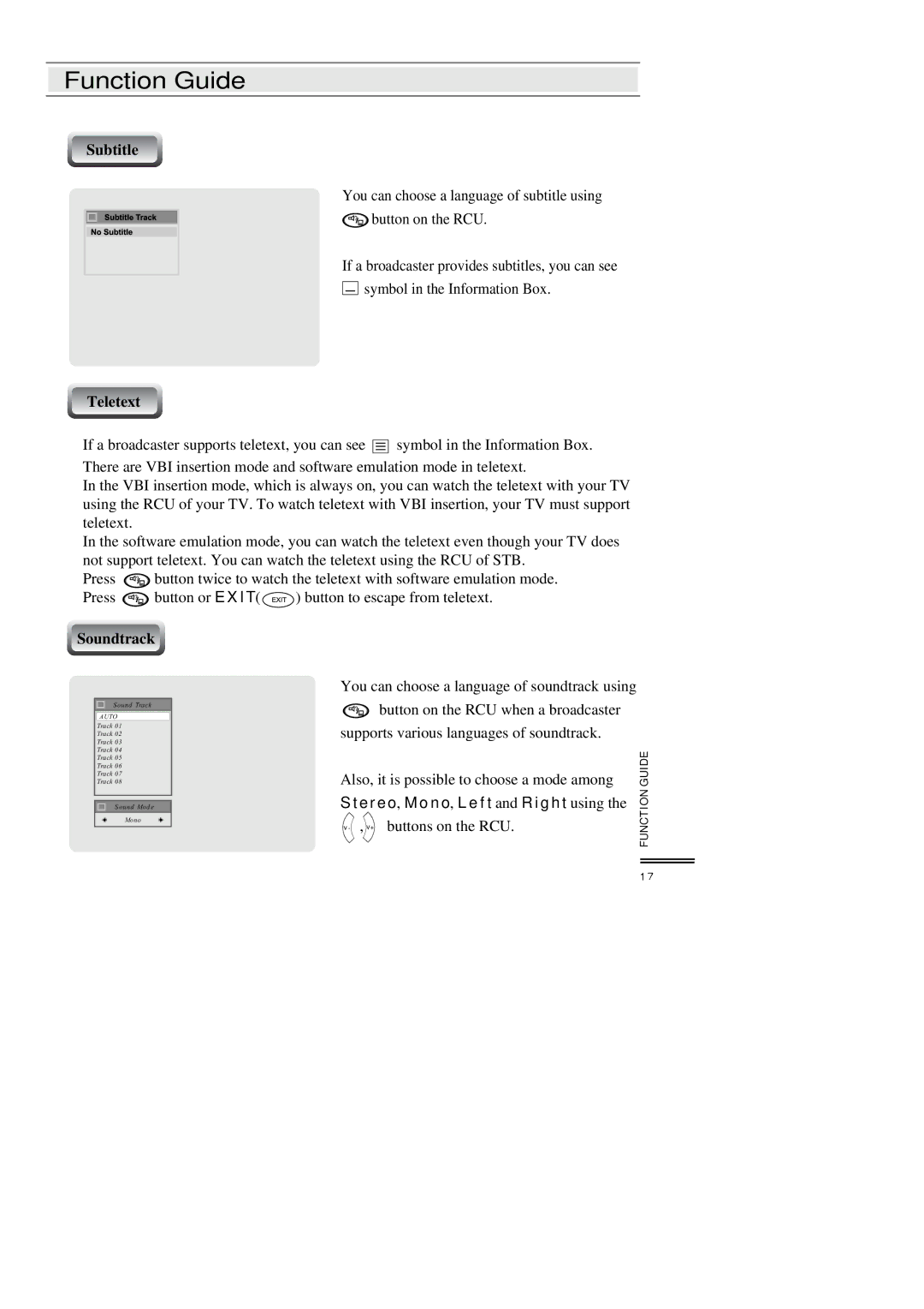 Topfield TF3000FI, TF3000FEI manual Subtitle, Teletext, Soundtrack 