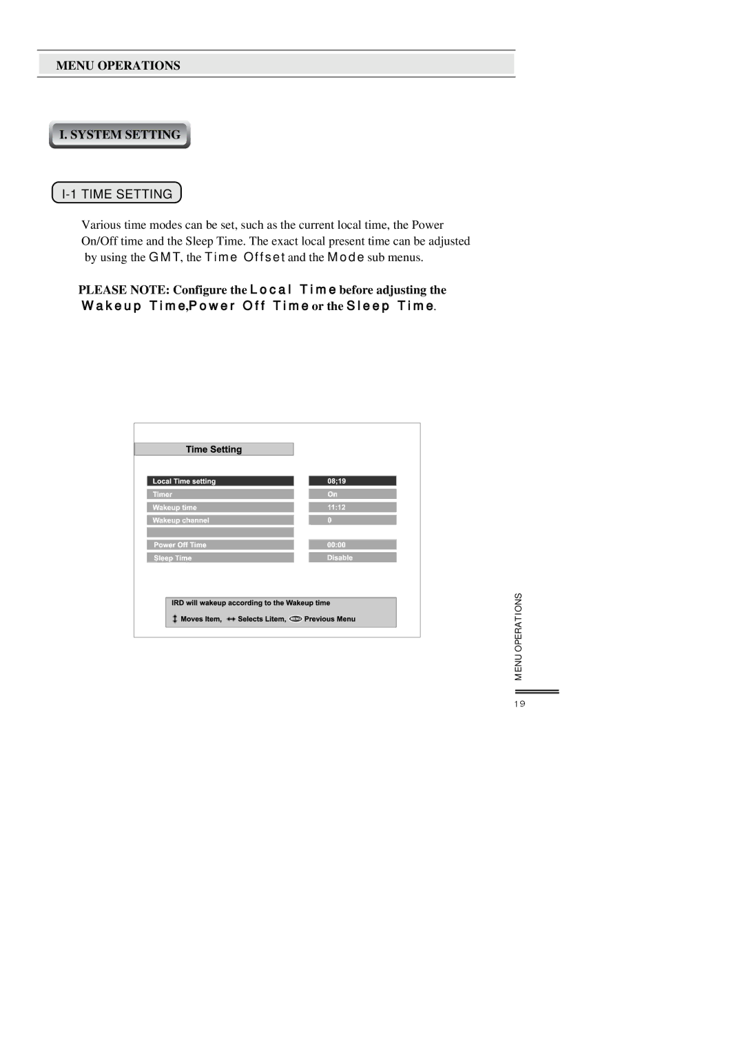 Topfield TF3000FI, TF3000FEI manual Menu Operations System Setting, Time Setting 