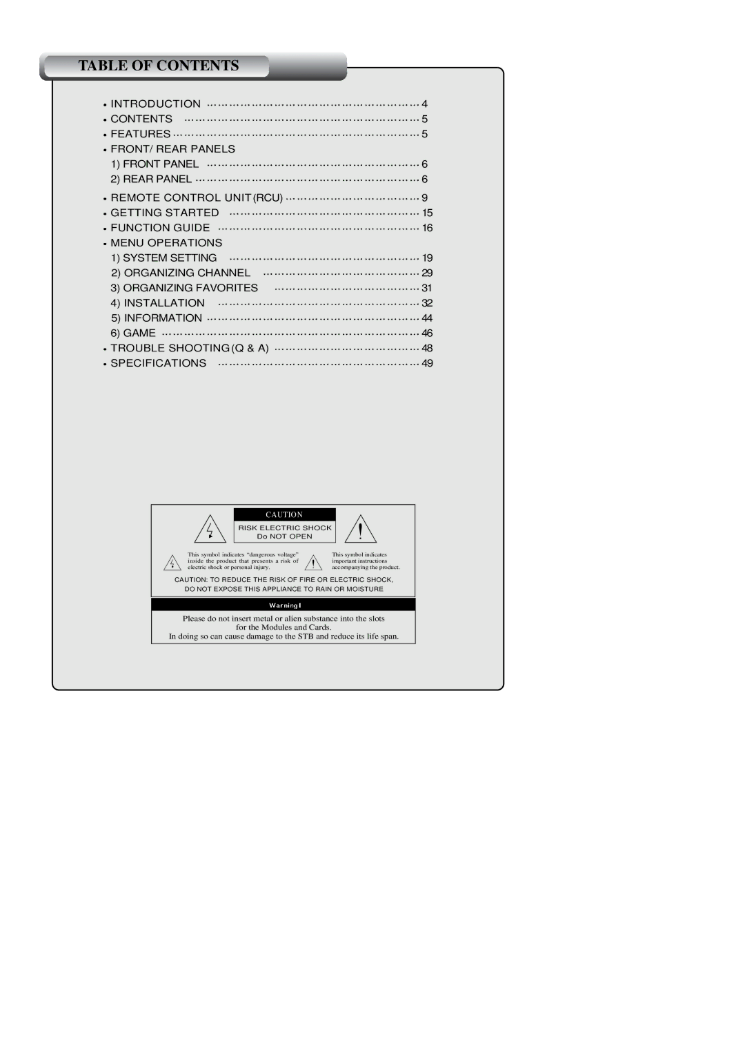 Topfield TF3000FEI, TF3000FI manual Table of Contents 