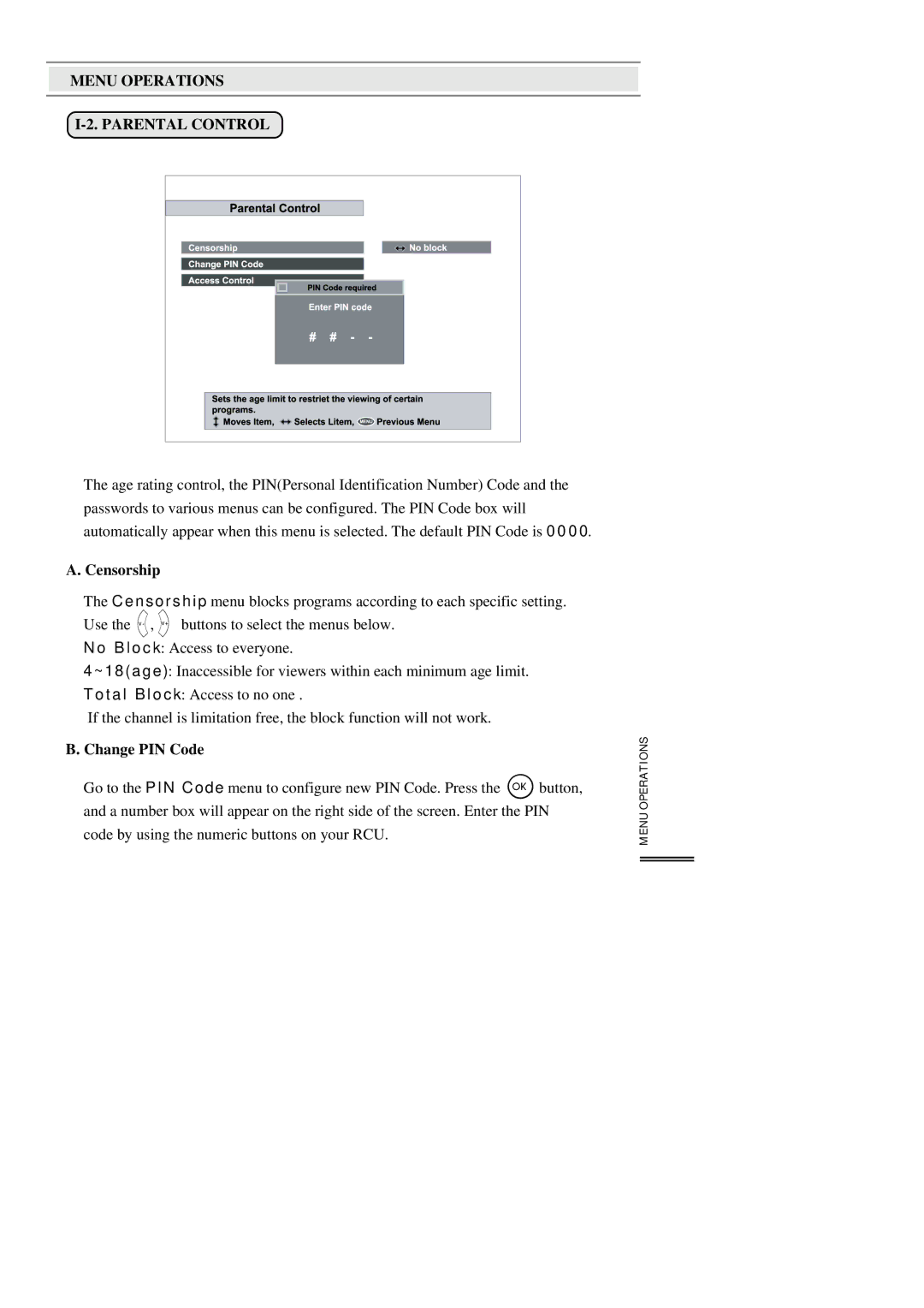 Topfield TF3000FI, TF3000FEI manual Menu Operations Parental Control, Censorship, Change PIN Code 