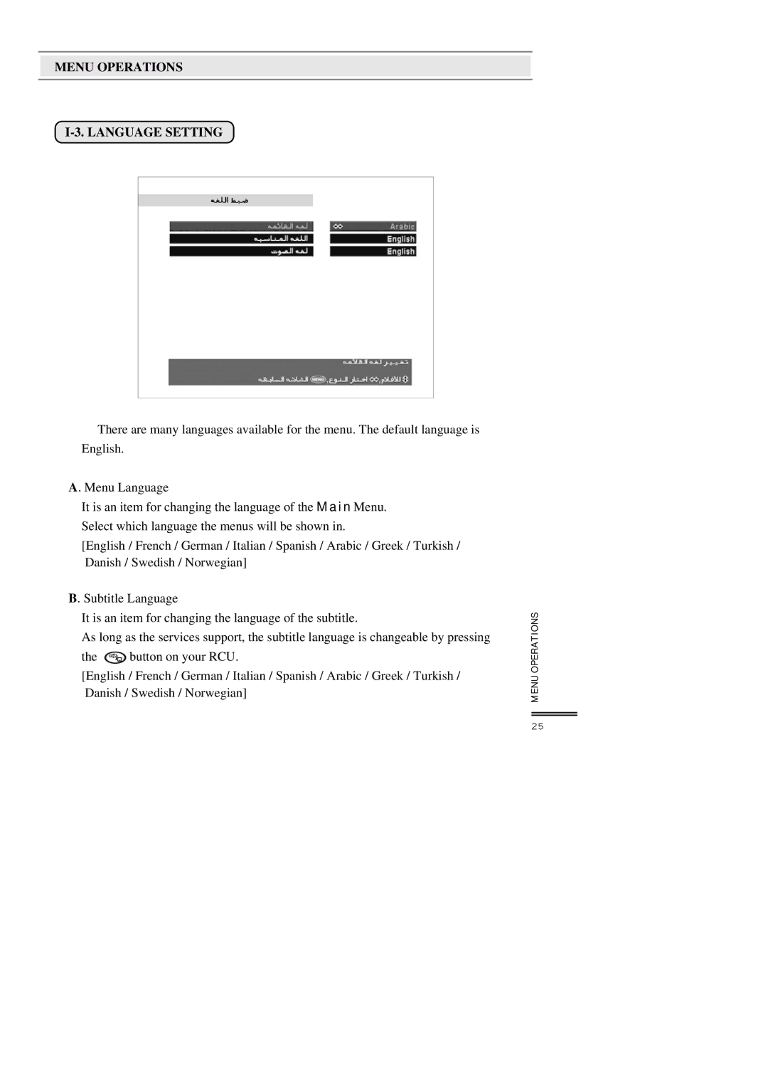 Topfield TF3000FI, TF3000FEI manual Menu Operations Language Setting 