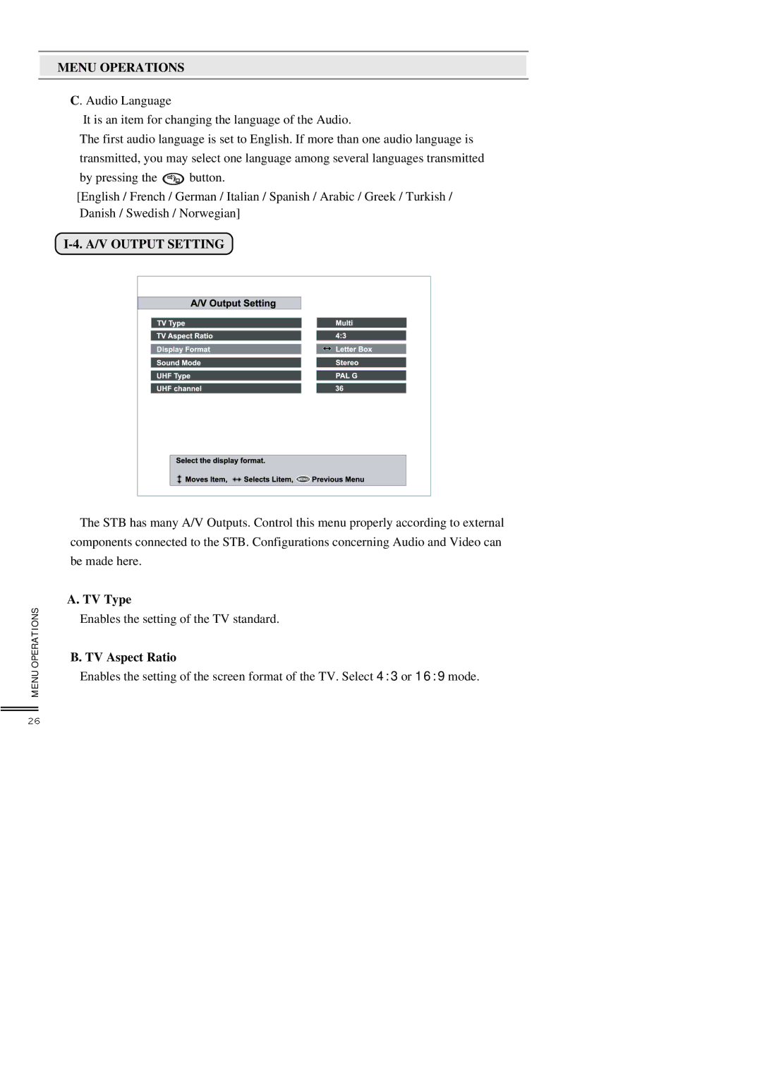 Topfield TF3000FEI, TF3000FI manual A/V Output Setting, TV Type, TV Aspect Ratio 