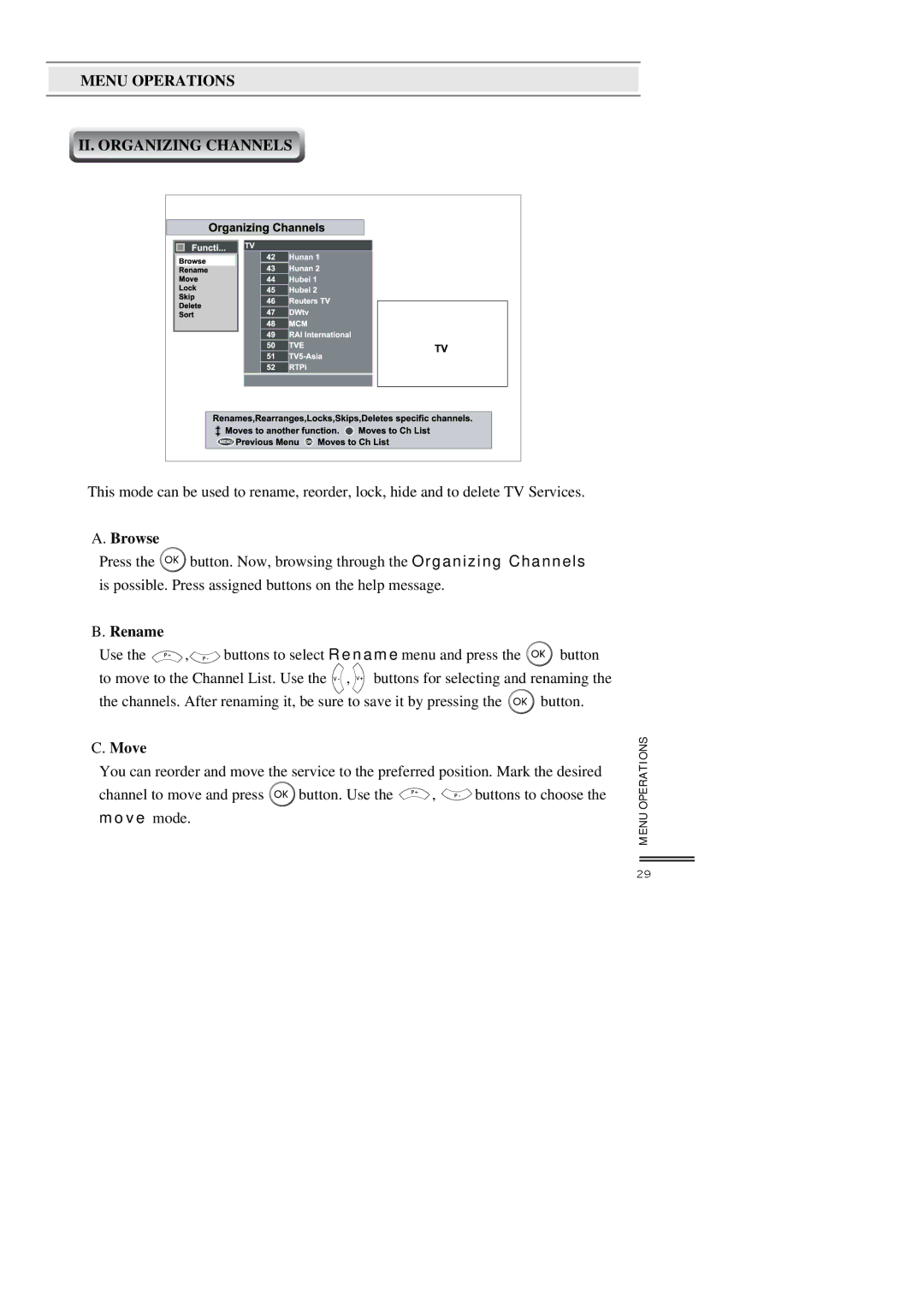 Topfield TF3000FI, TF3000FEI manual Menu Operations II. Organizing Channels, Browse, Rename, Move 