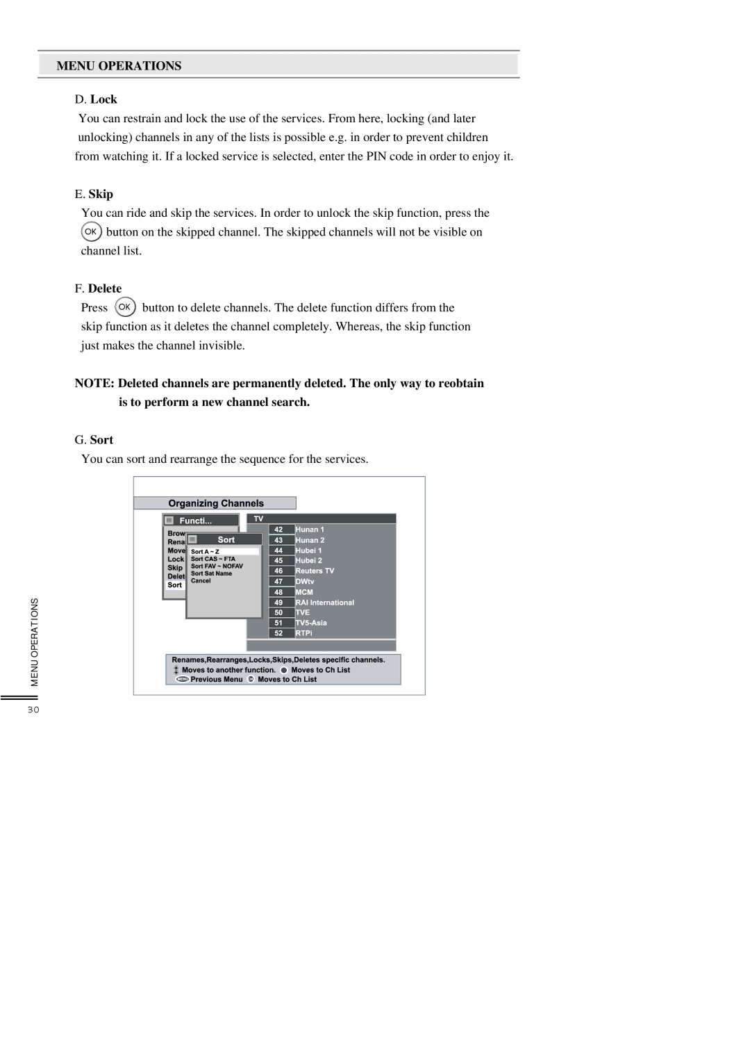 Topfield TF3000FEI, TF3000FI manual Lock, Skip, Delete, Is to perform a new channel search Sort 