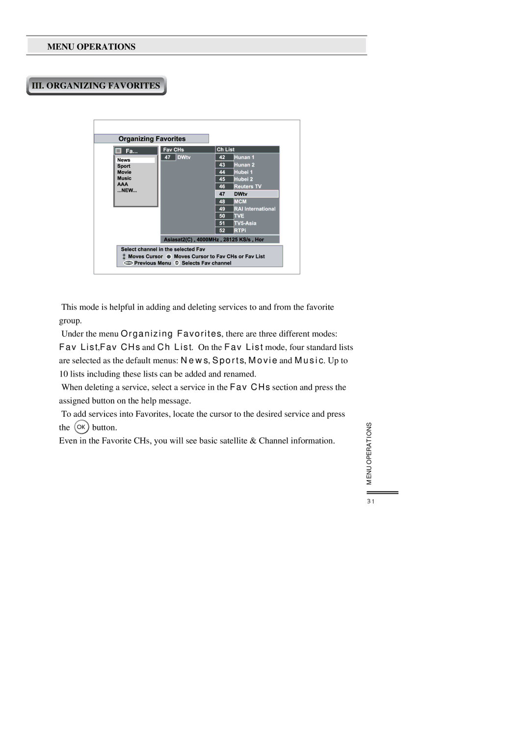 Topfield TF3000FI, TF3000FEI manual Menu Operations III. Organizing Favorites 