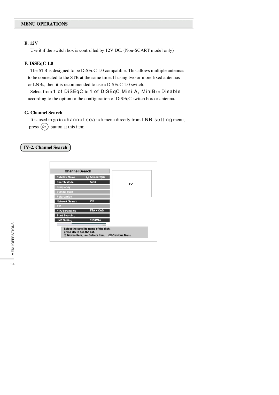 Topfield TF3000FEI, TF3000FI manual DiSEqC, IV-2. Channel Search 