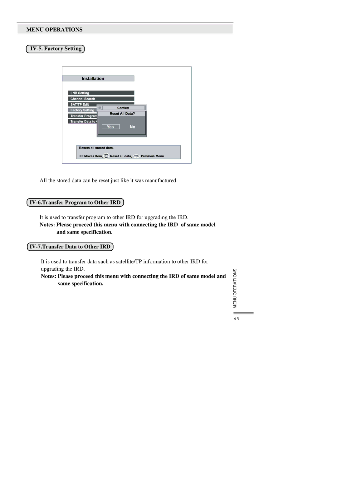 Topfield TF3000FI, TF3000FEI IV-5. Factory Setting, IV-6.Transfer Program to Other IRD, IV-7.Transfer Data to Other IRD 