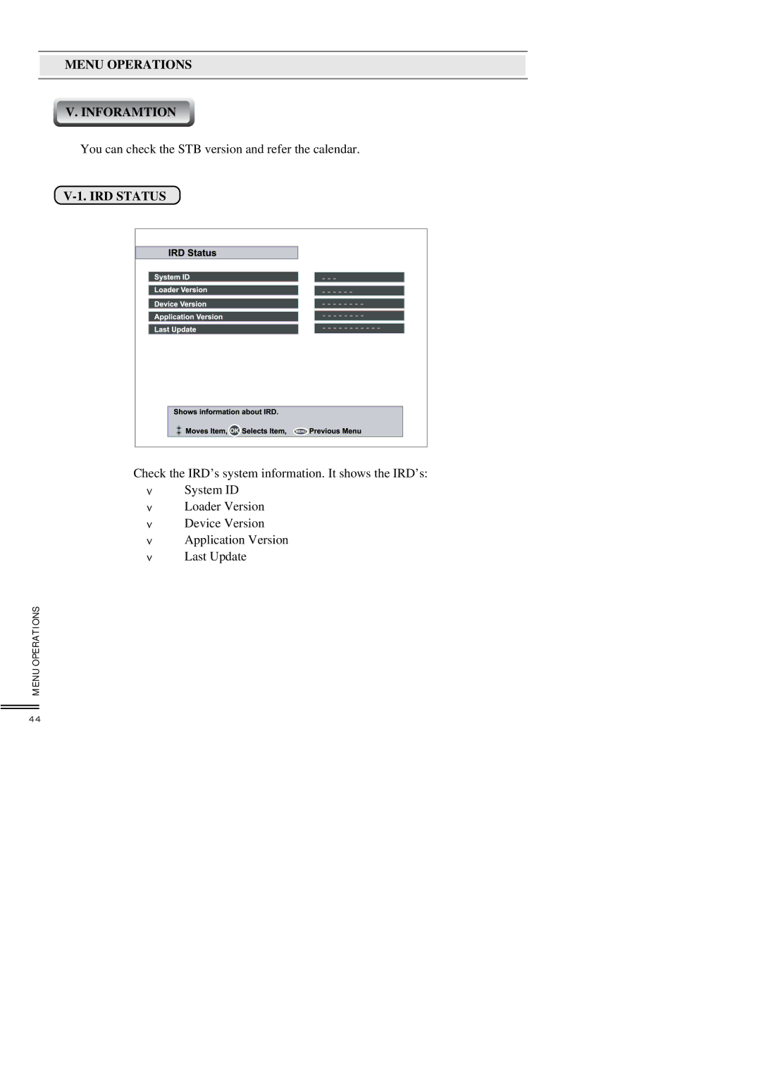 Topfield TF3000FEI, TF3000FI manual Menu Operations Inforamtion, IRD Status 