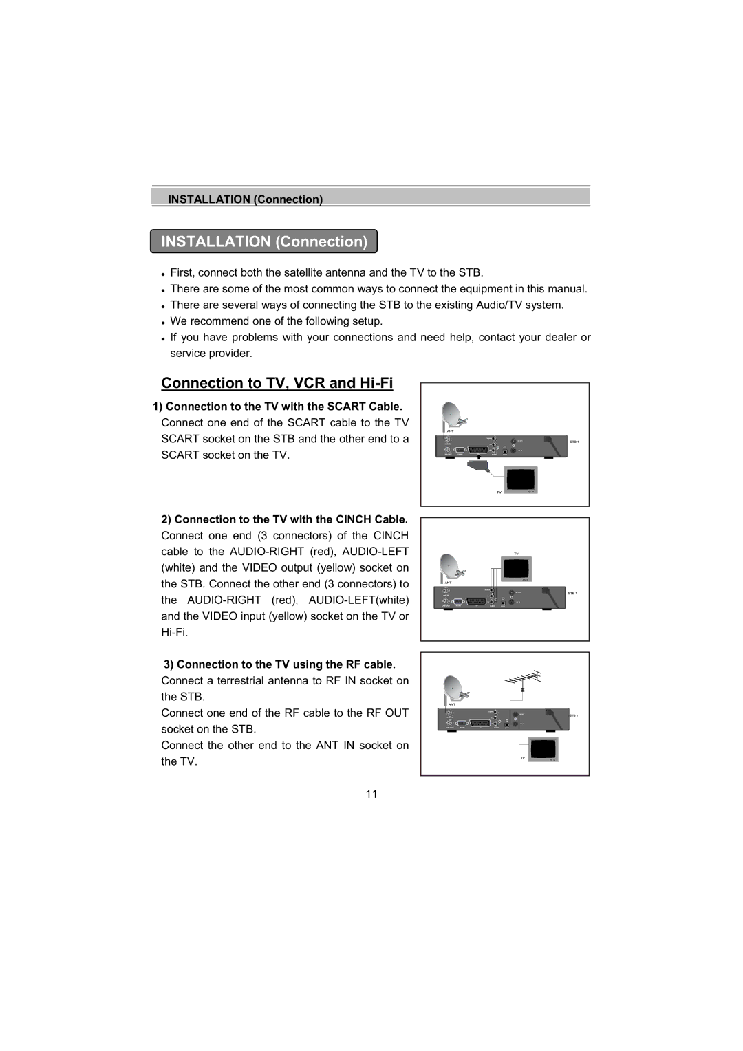 Topfield TF5000Fe Connection to TV, VCR and Hi-Fi, Installation Connection, Connection to the TV with the Scart Cable 