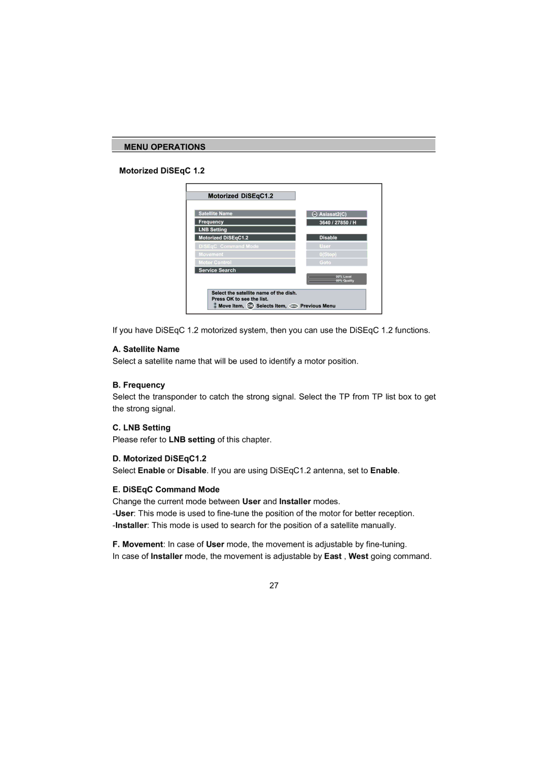 Topfield TF5000Fe, TF4000Fe user manual Motorized DiSEqC1.2, DiSEqC Command Mode 