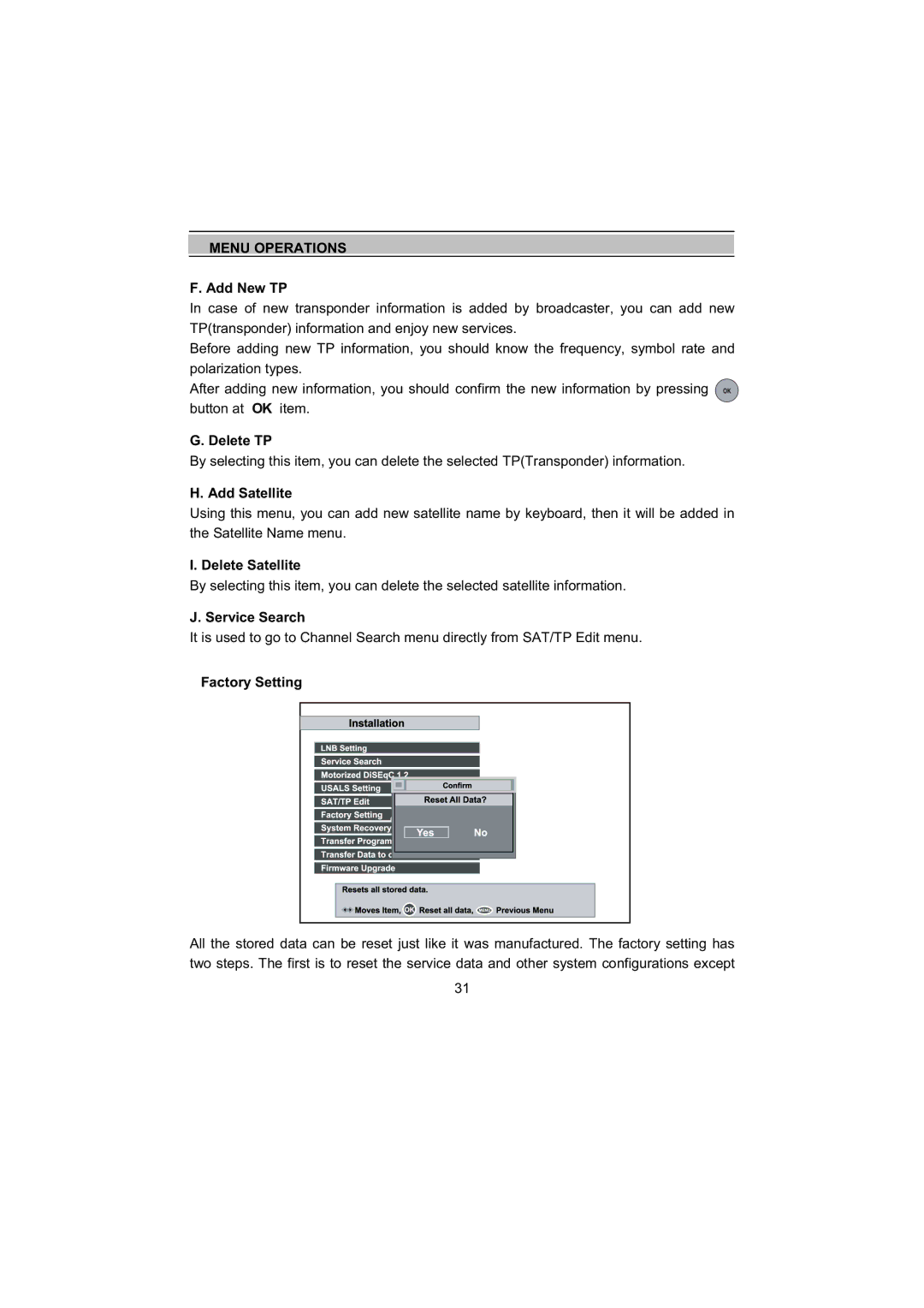 Topfield TF5000Fe, TF4000Fe user manual Add New TP, Delete TP, Add Satellite, Delete Satellite, Factory Setting 