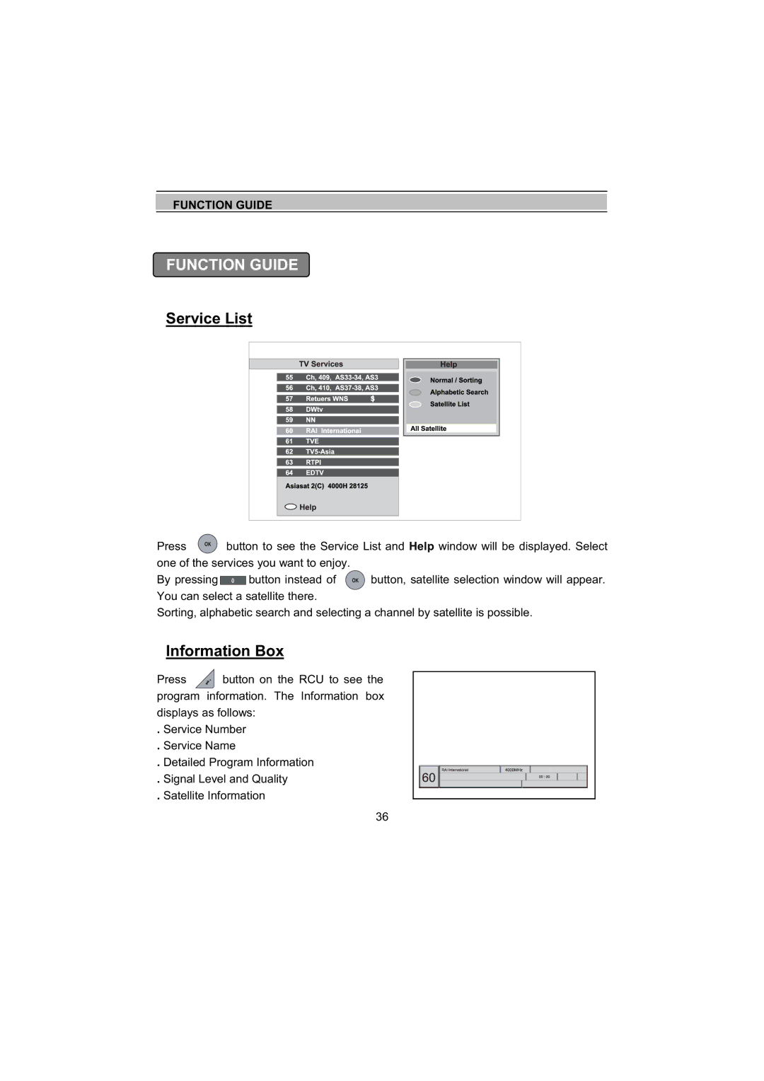 Topfield TF4000Fe, TF5000Fe user manual Function Guide, Service List, Information Box 