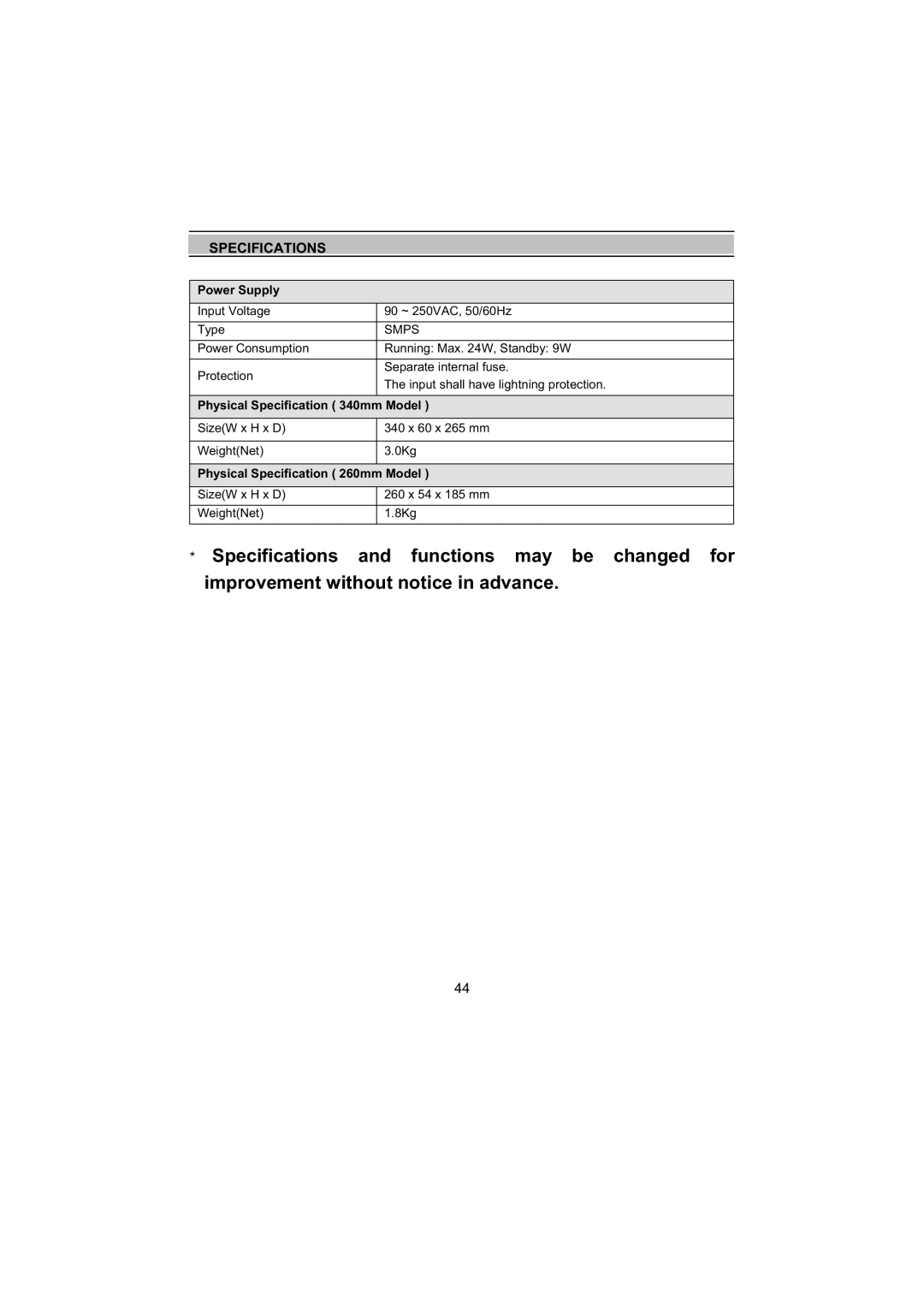 Topfield TF4000Fe, TF5000Fe user manual Physical Specification 340mm Model 