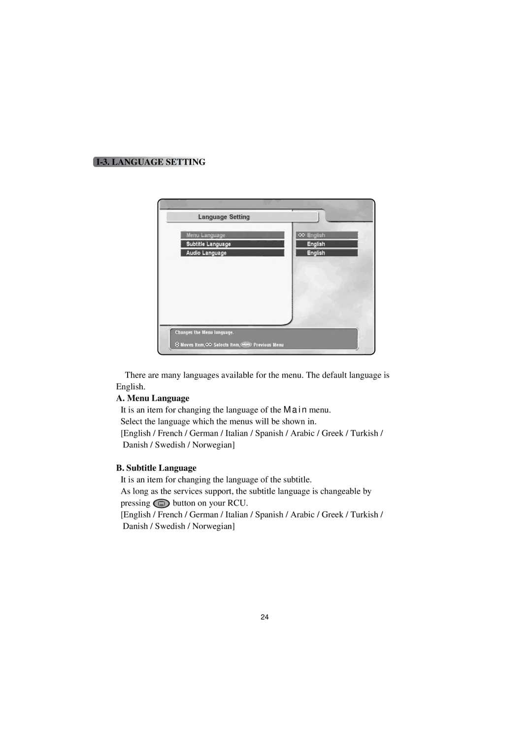 Topfield TF4000PVR CoCI manual Language Setting, Menu Language, Subtitle Language 