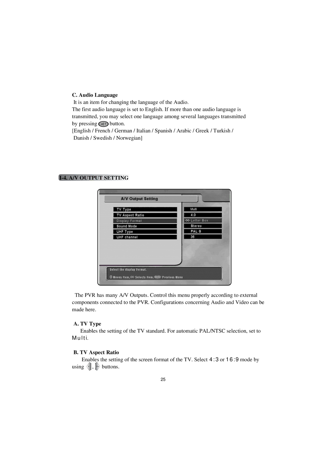 Topfield TF4000PVR CoCI manual Audio Language, A/V Output Setting, TV Type, TV Aspect Ratio 