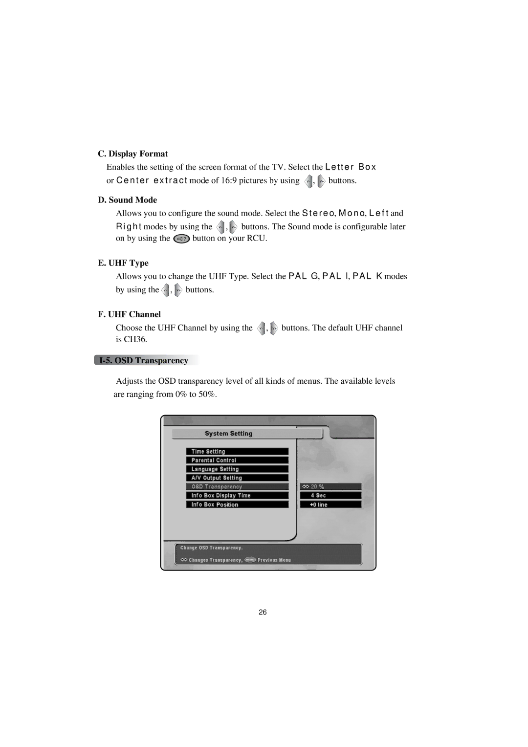 Topfield TF4000PVR CoCI manual Display Format, Sound Mode, UHF Type, UHF Channel, OSD Transparency 