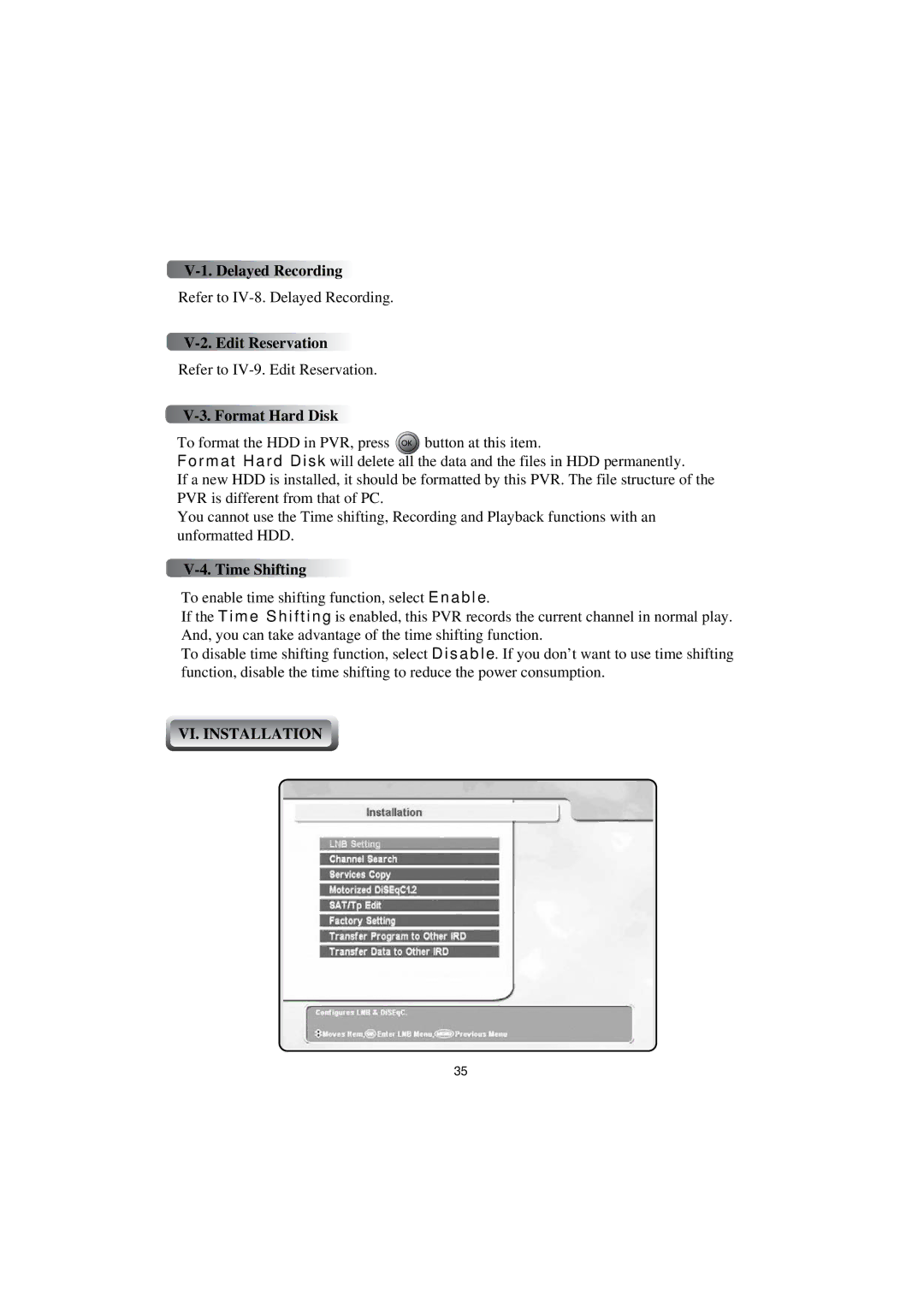 Topfield TF4000PVR CoCI manual Delayed Recording, Edit Reservation, Format Hard Disk, Time Shifting, VI. Installation 