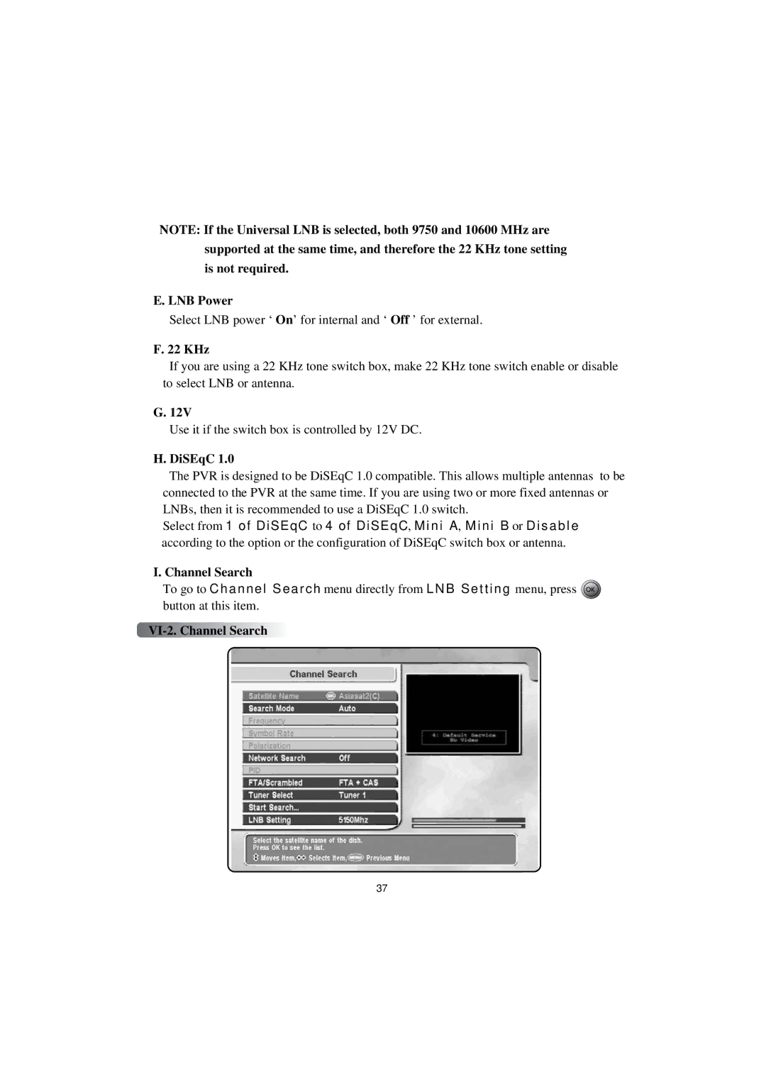 Topfield TF4000PVR CoCI manual LNB Power, 22 KHz, DiSEqC, VI-2. Channel Search 