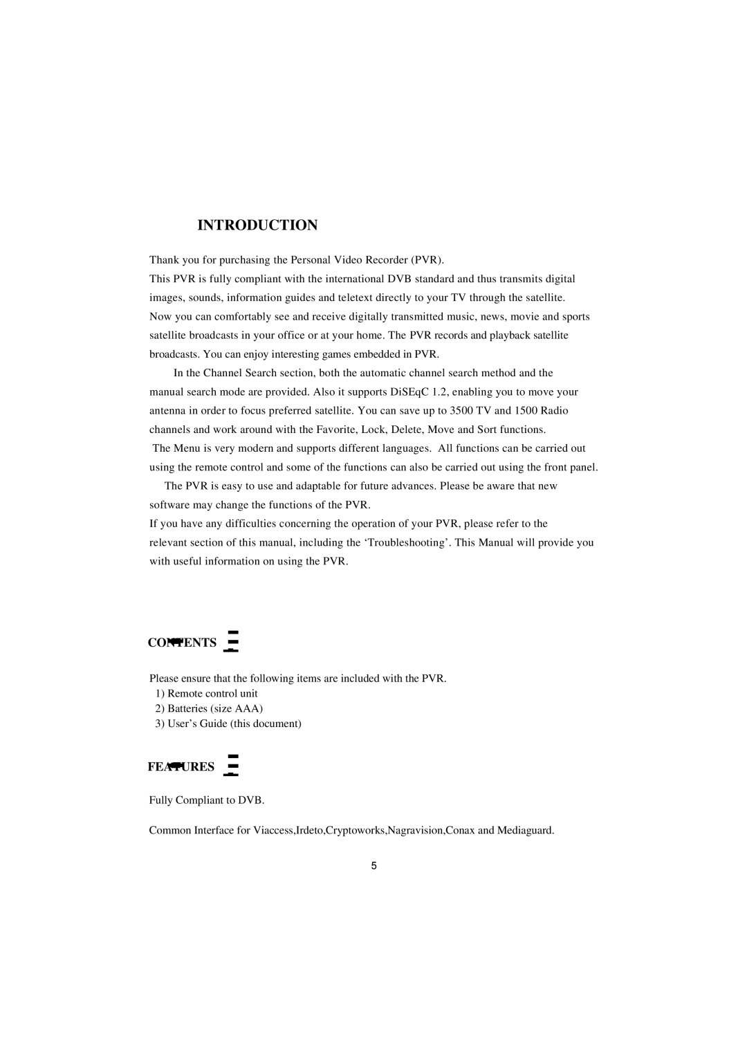 Topfield TF4000PVR CoCI manual Contents, Features 