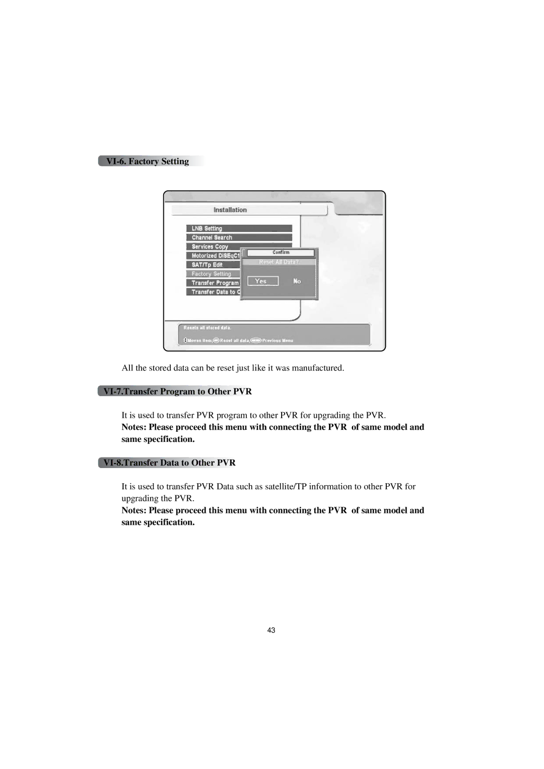 Topfield TF4000PVR manual VI-6. Factory Setting, VI-7.Transfer Program to Other PVR, VI-8.Transfer Data to Other PVR 