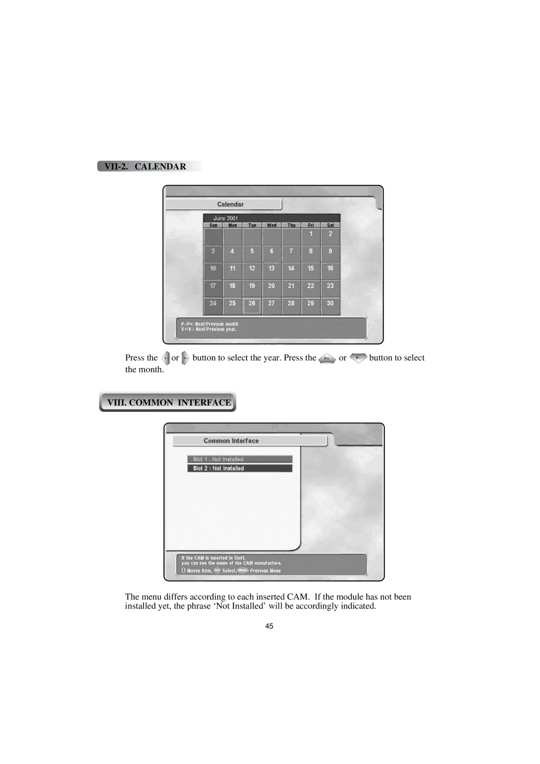 Topfield TF4000PVR CoCI manual VII-2. Calendar, VIII. Common Interface 