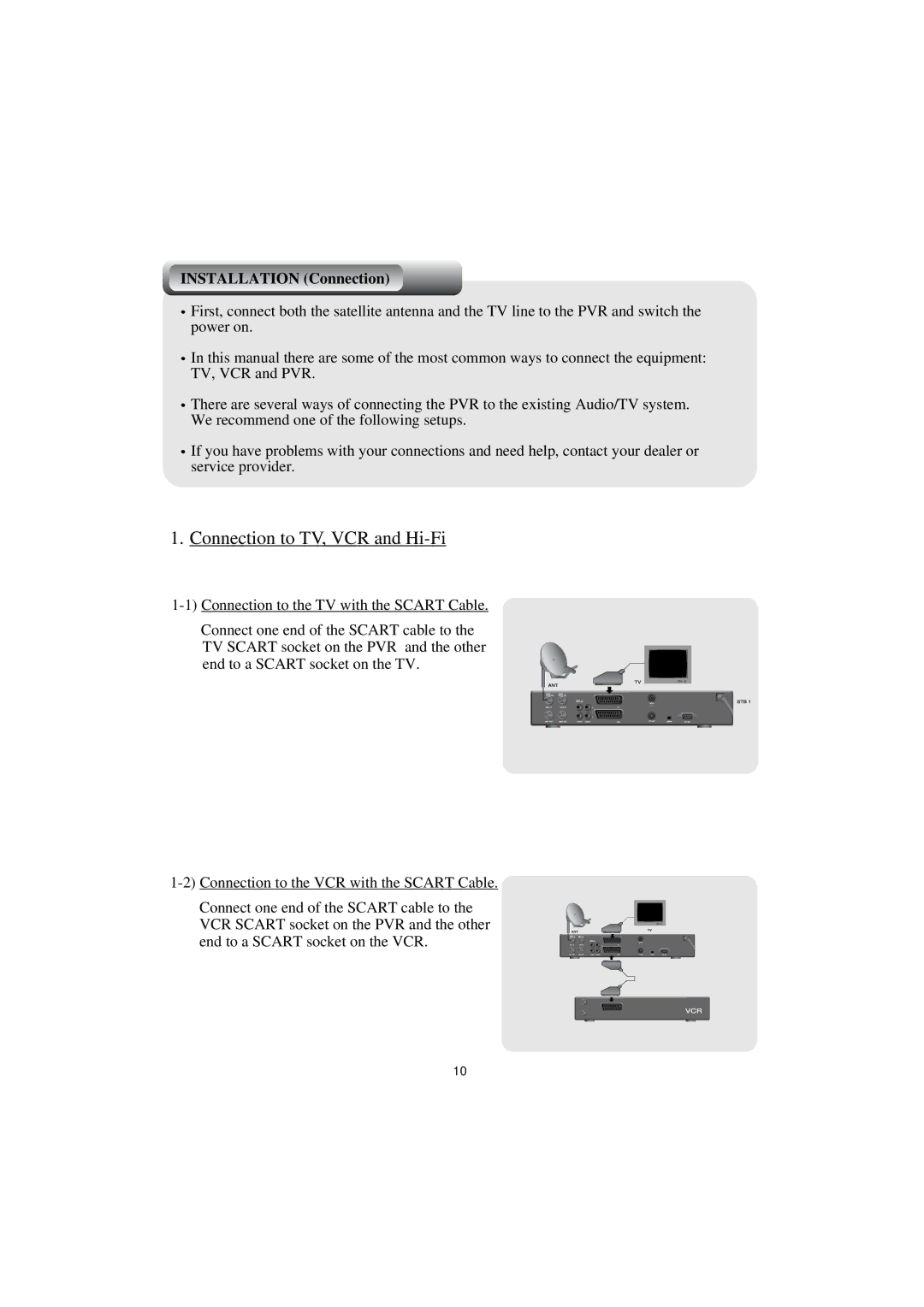 Topfield TF4000PVR CoCI manual Connection to TV, VCR and Hi-Fi, Installation Connection 