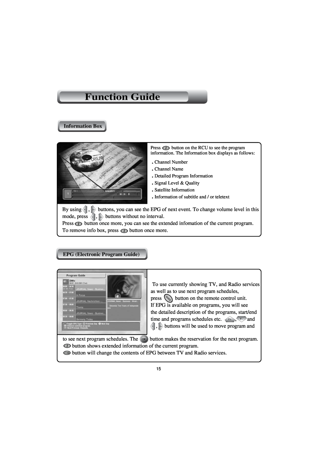 Topfield TF4000PVR CoCI manual Information Box, EPG Electronic Program Guide, Function Guide 