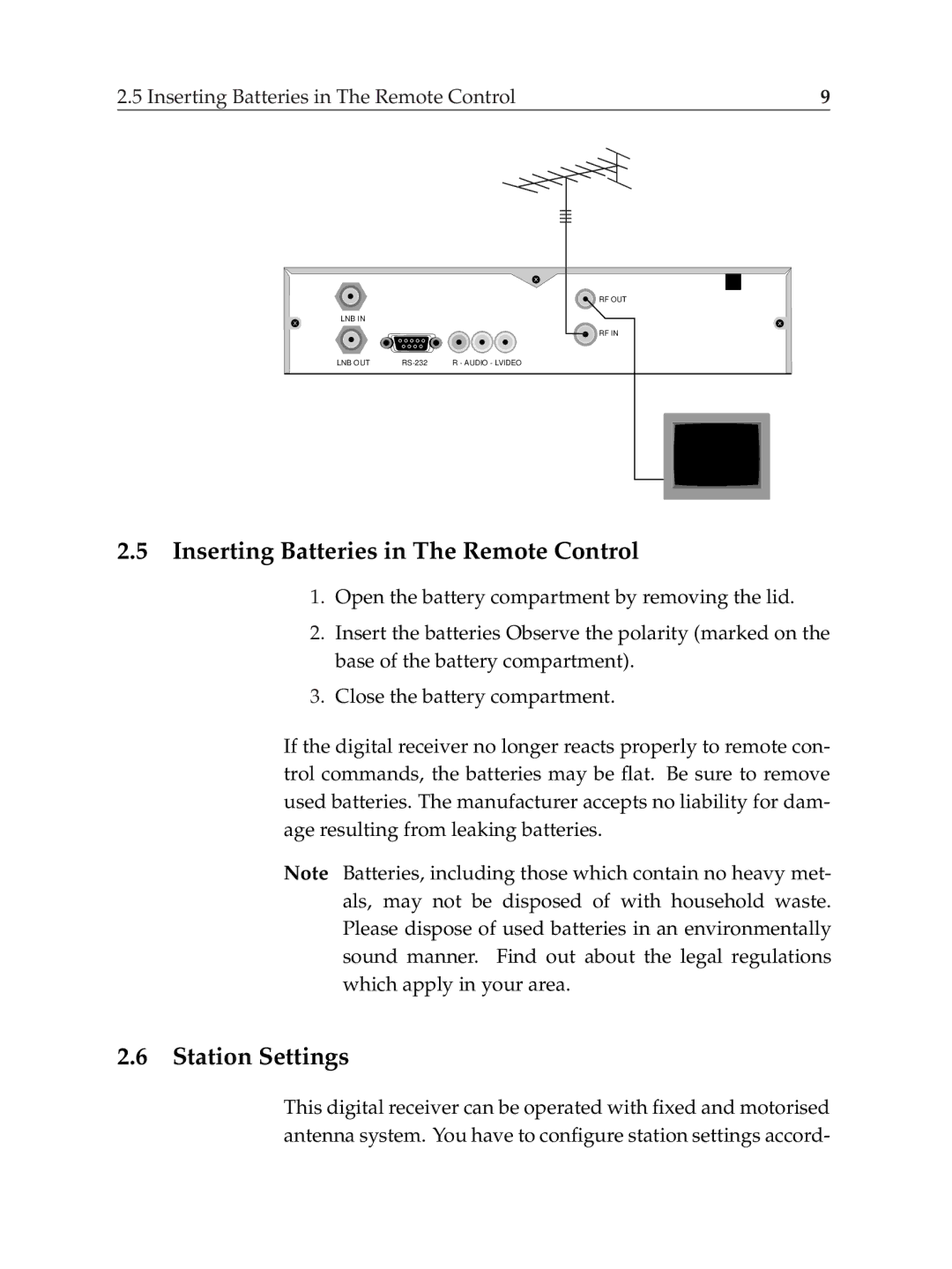 Topfield TF6000F user manual Inserting Batteries in The Remote Control, Station Settings 