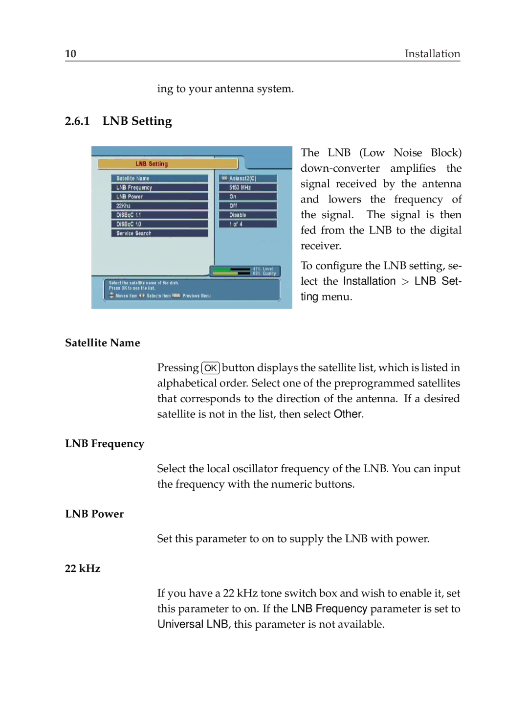 Topfield TF6000F user manual LNB Setting, Satellite Name LNB Frequency LNB Power 22 kHz 