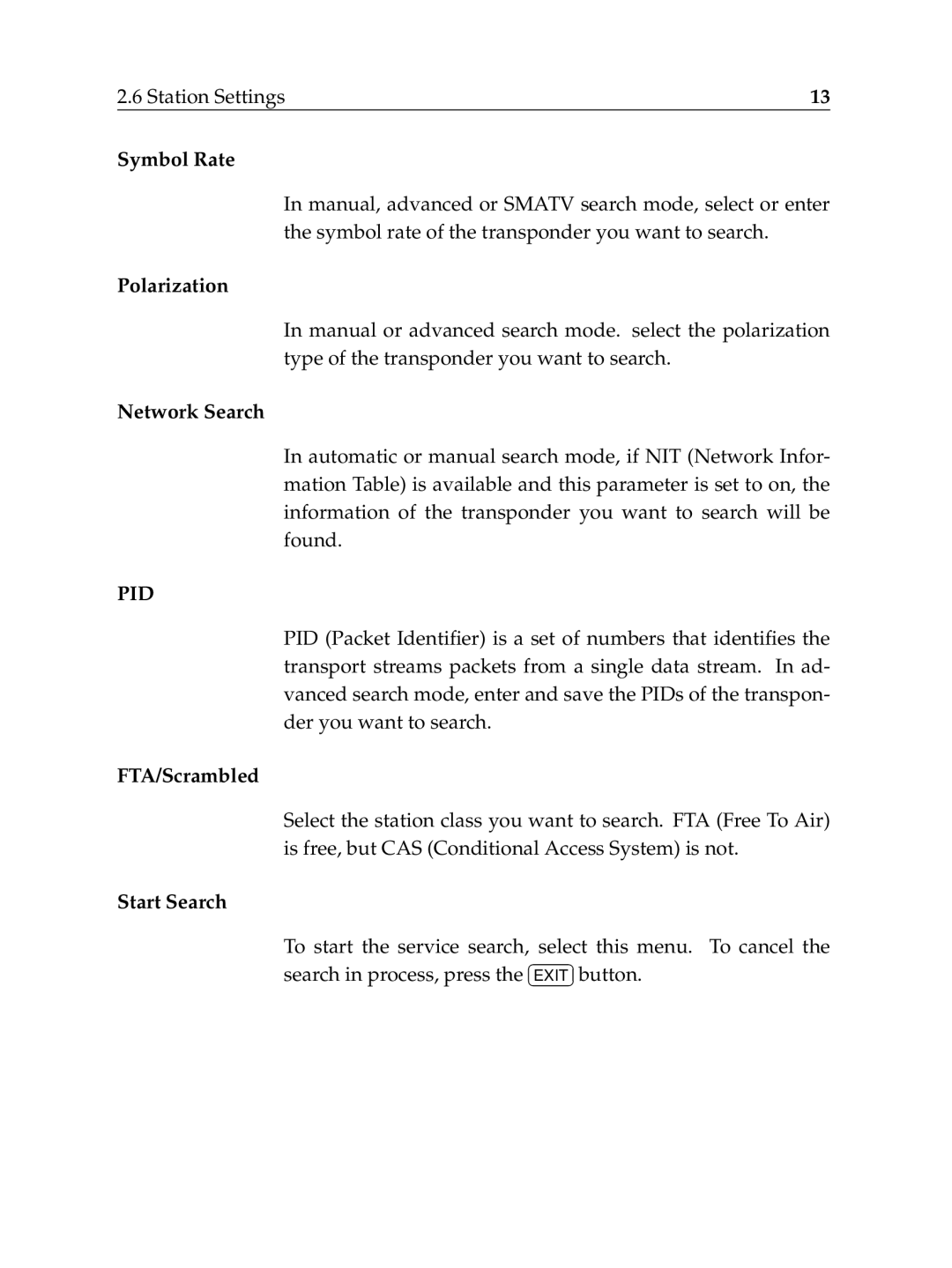 Topfield TF6000F user manual Symbol Rate, Polarization, Network Search, FTA/Scrambled, Start Search 