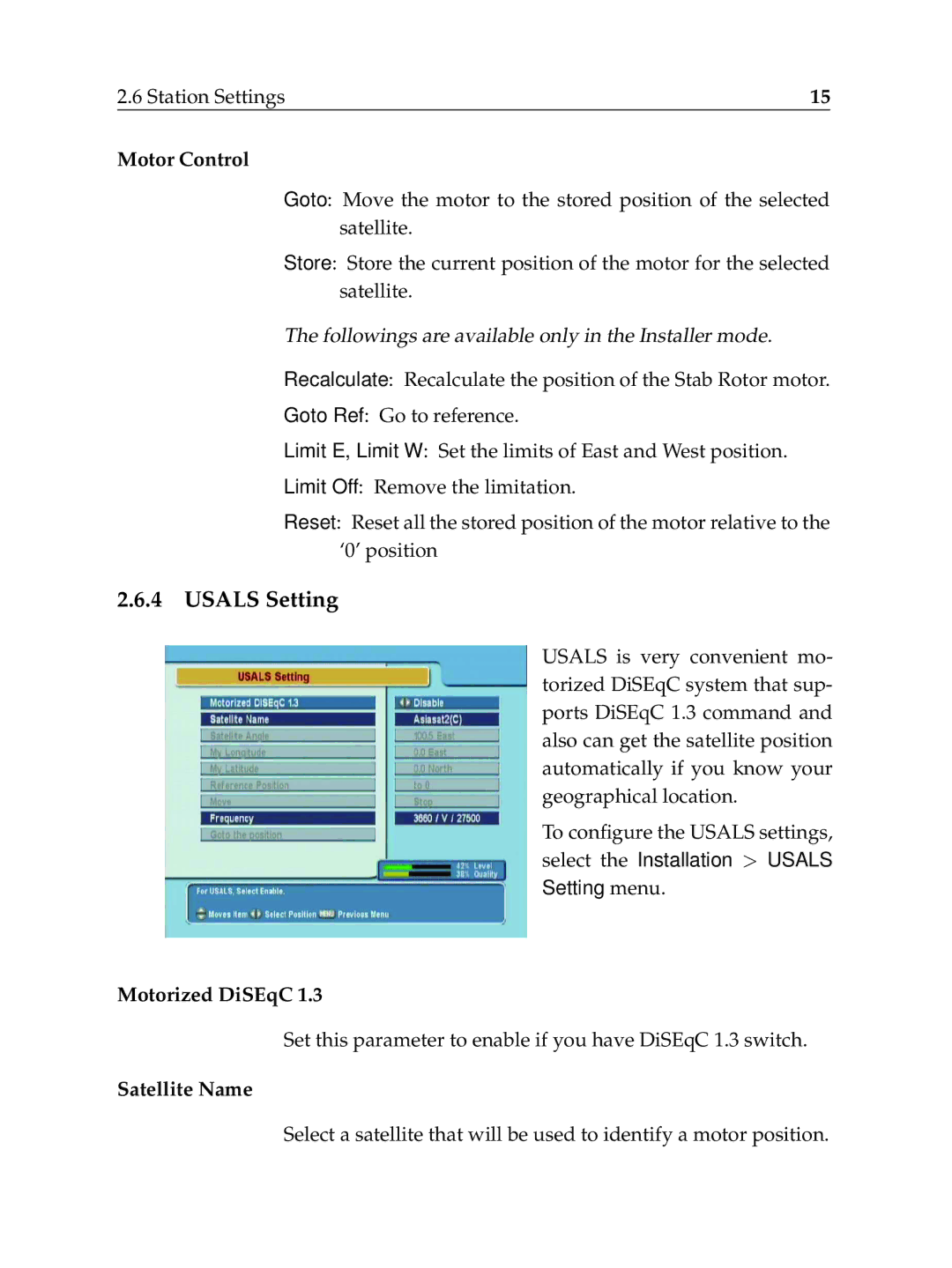 Topfield TF6000F user manual Usals Setting, Motor Control 