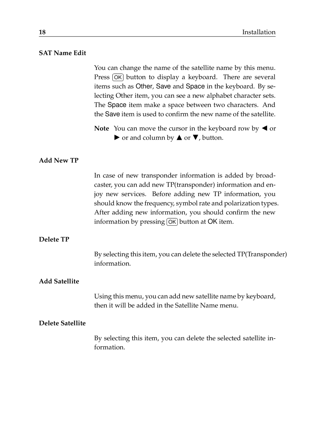 Topfield TF6000F user manual SAT Name Edit, Add New TP, Delete TP, Add Satellite, Delete Satellite 