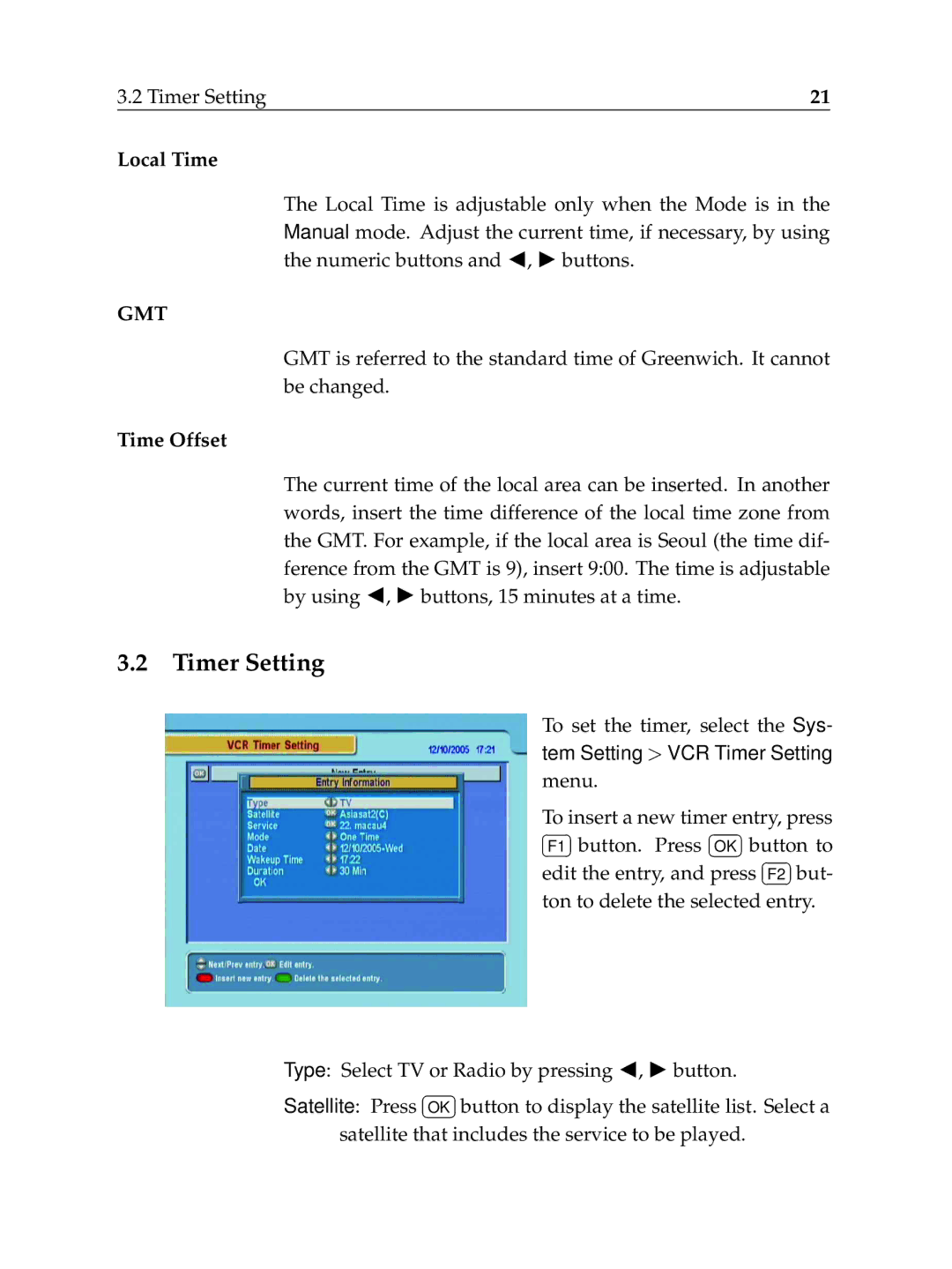 Topfield TF6000F user manual Timer Setting, Local Time, Time Offset 