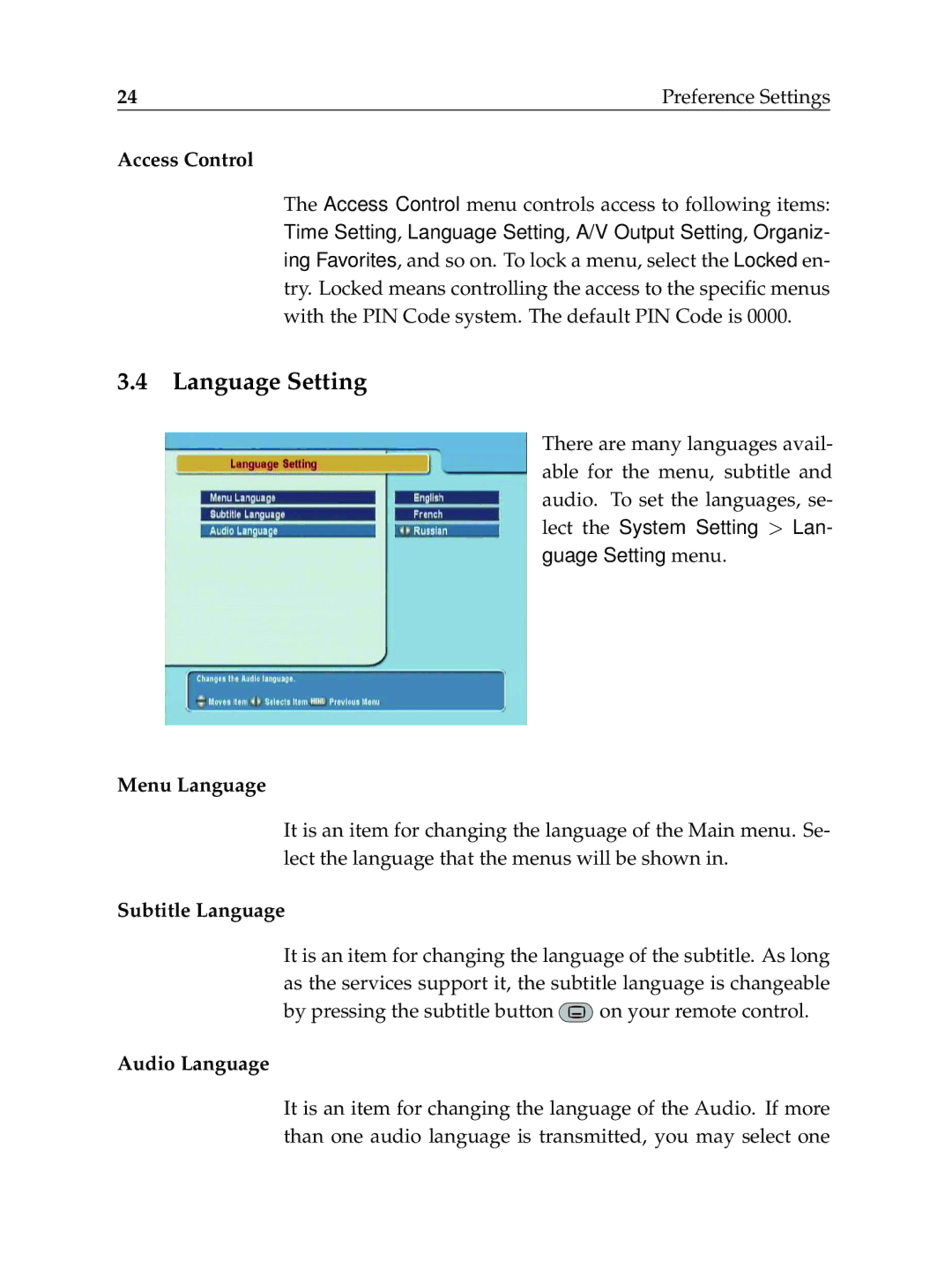 Topfield TF6000F user manual Language Setting, Access Control, Menu Language, Subtitle Language, Audio Language 