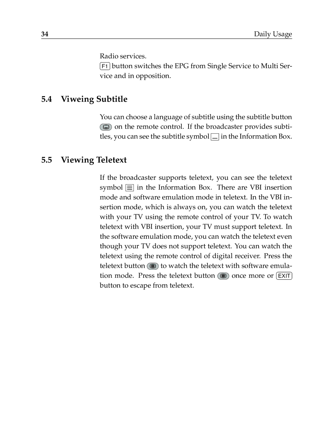 Topfield TF6000F user manual Viweing Subtitle, Viewing Teletext, Daily Usage 