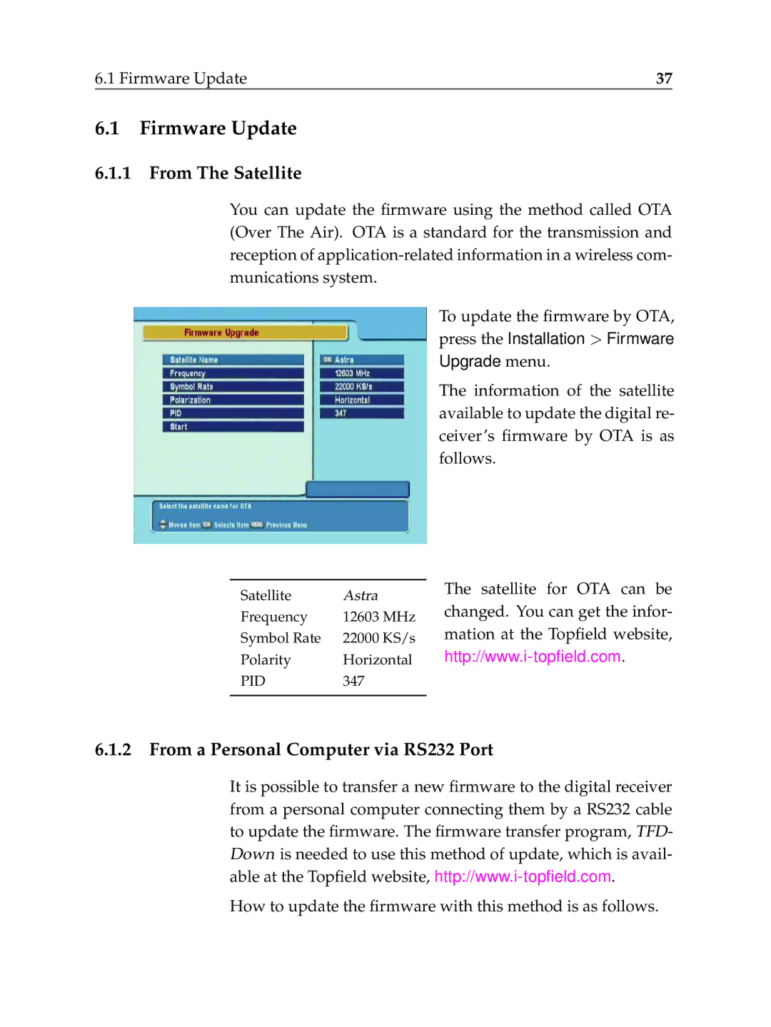 Topfield TF6000F user manual Firmware Update, From The Satellite, From a Personal Computer via RS232 Port 